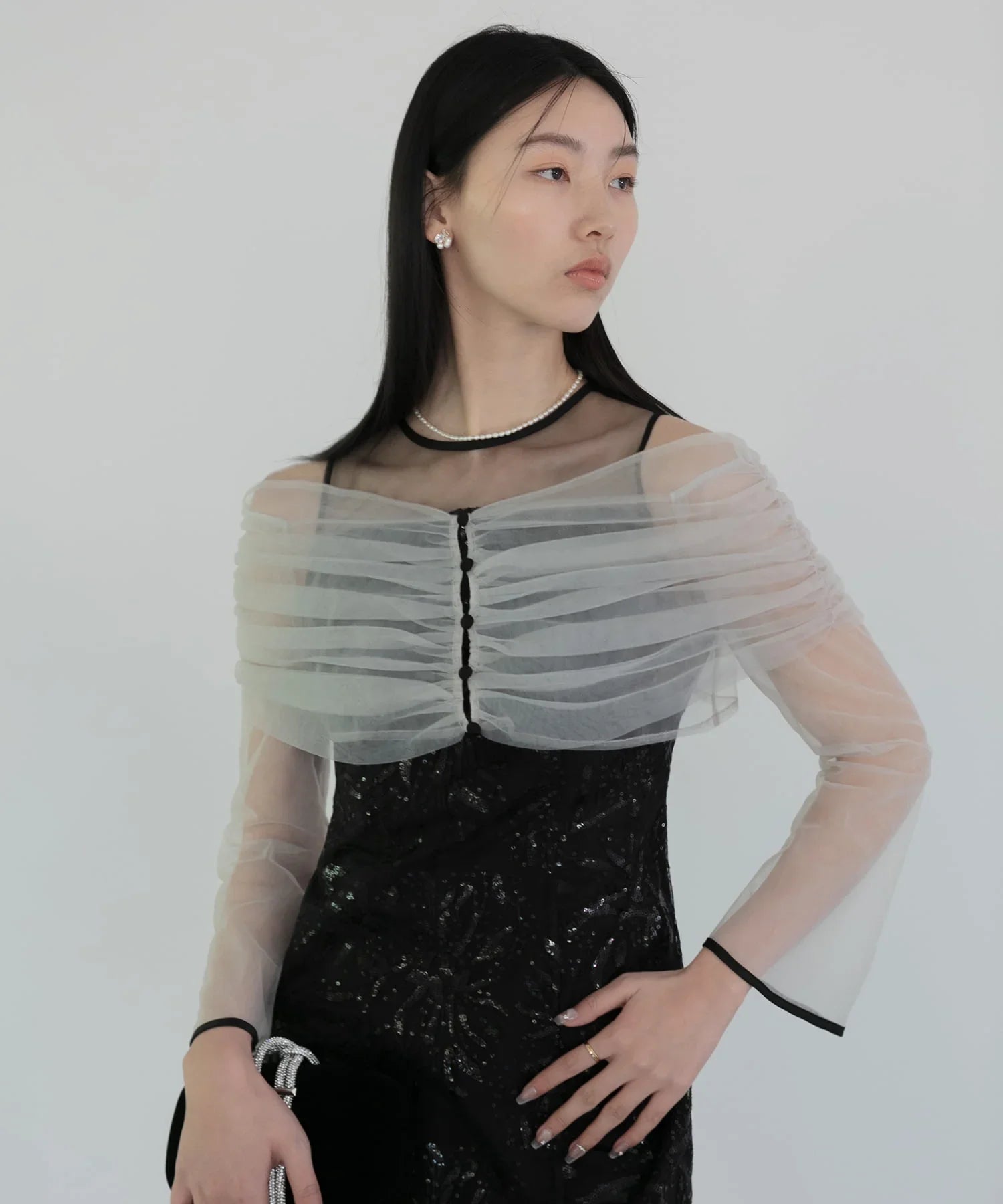 【当日発送】チュールオフショルダー花柄Iラインワンピースドレス