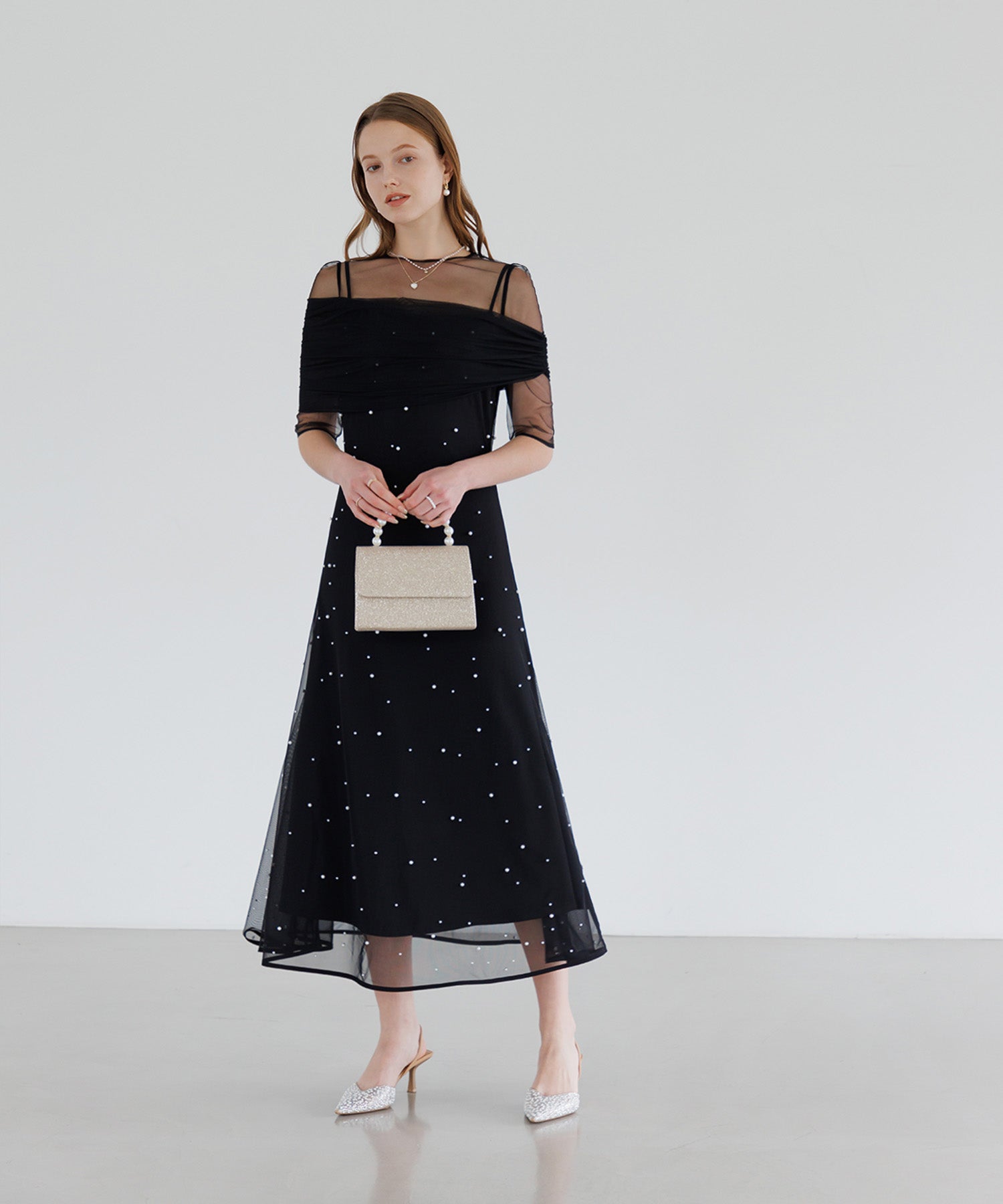 【一部当日発送】2WAYチュールトップスパールAラインワンピースドレス