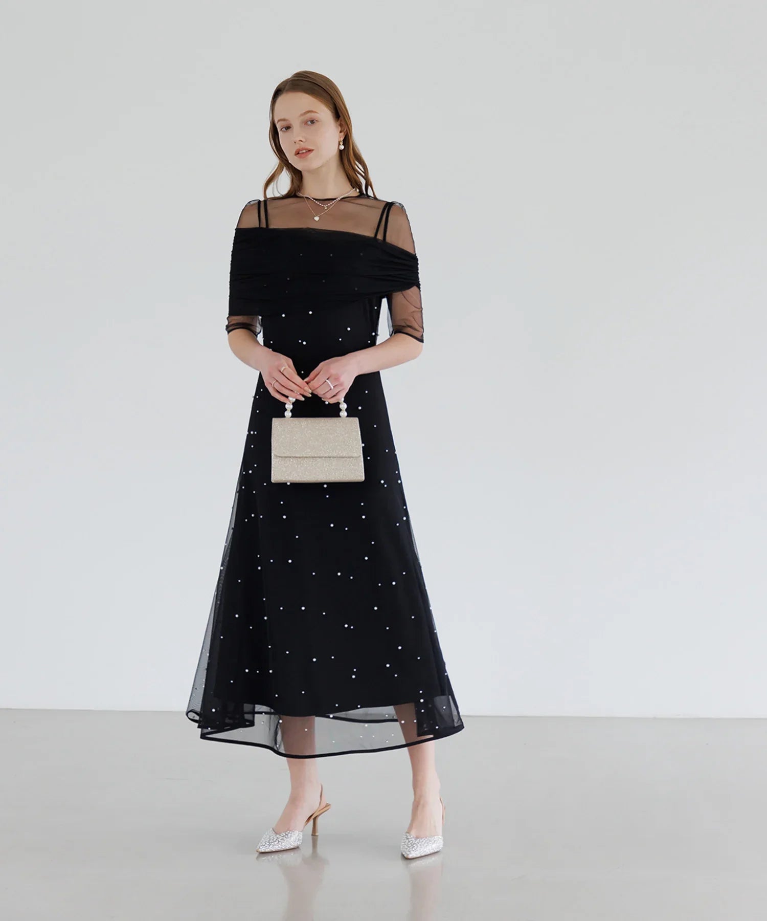 【一部当日発送】2WAYチュールトップスパールAラインワンピースドレス