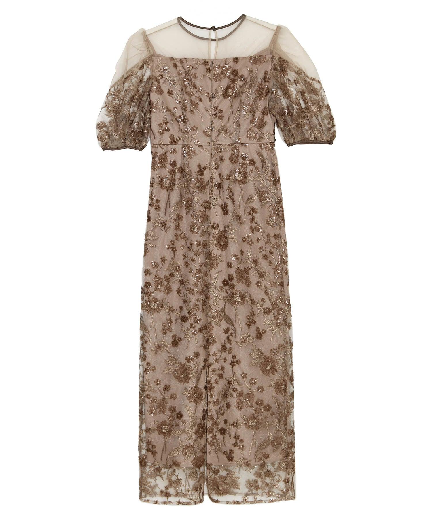 【当日発送】フラワーディテールパフスリーブIラインワンピースドレス