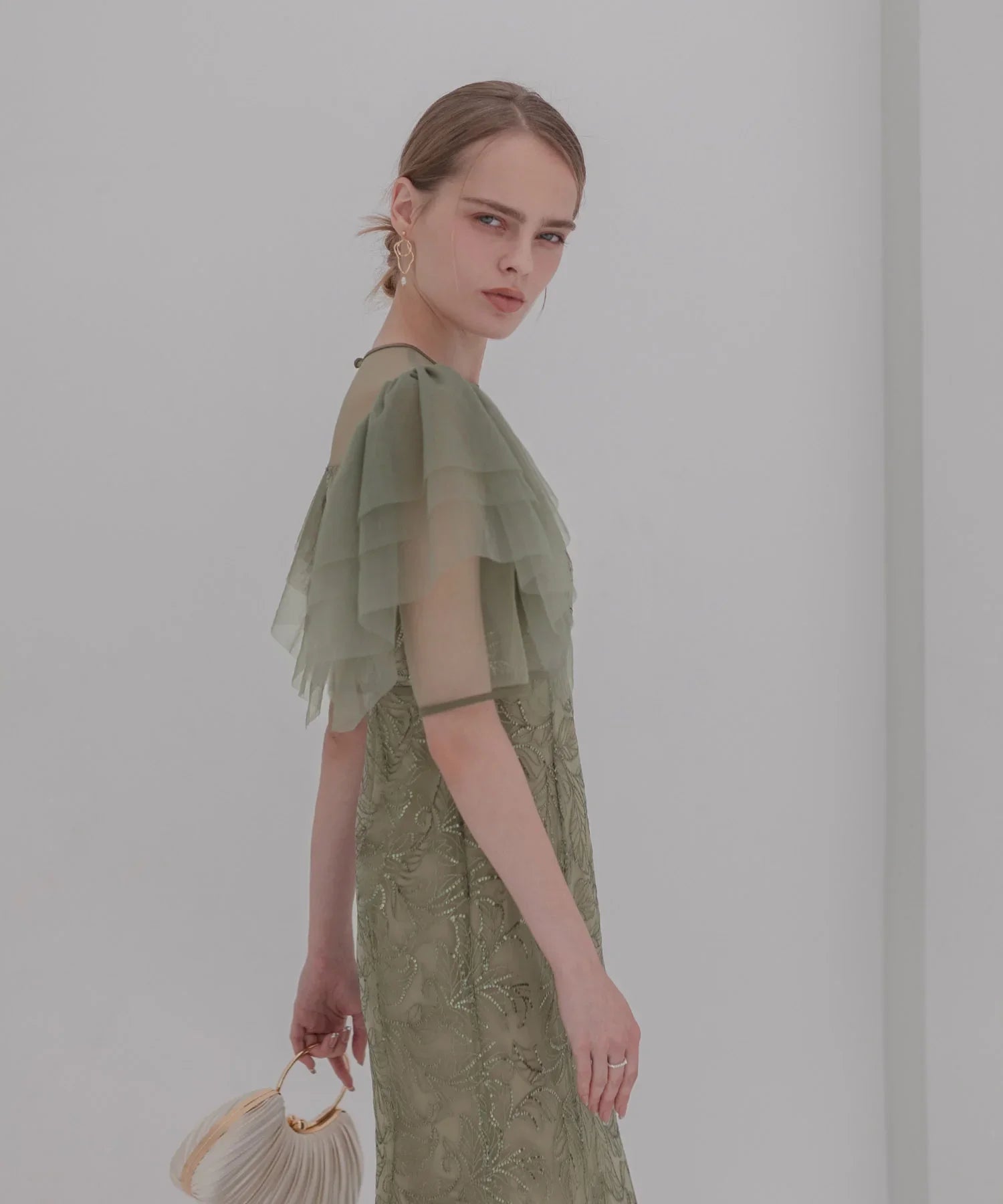 【当日発送】チュールスリーブボタニカルマーメイドワンピースドレス