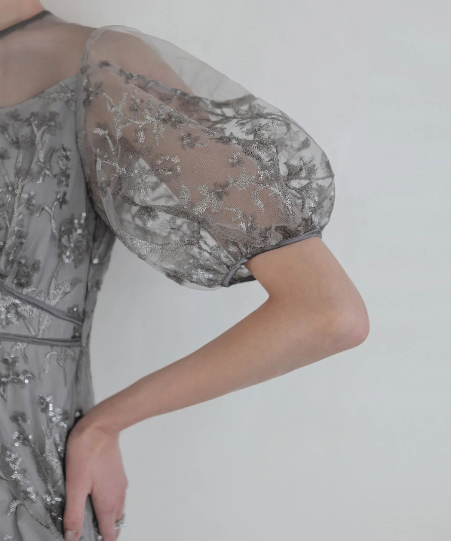 【当日発送】フラワーディテールパフスリーブIラインワンピースドレス