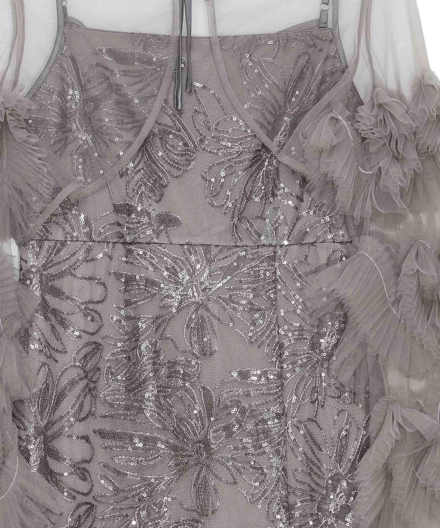 【一部当日発送】フリルチュールスリーブリボンIラインワンピースドレス