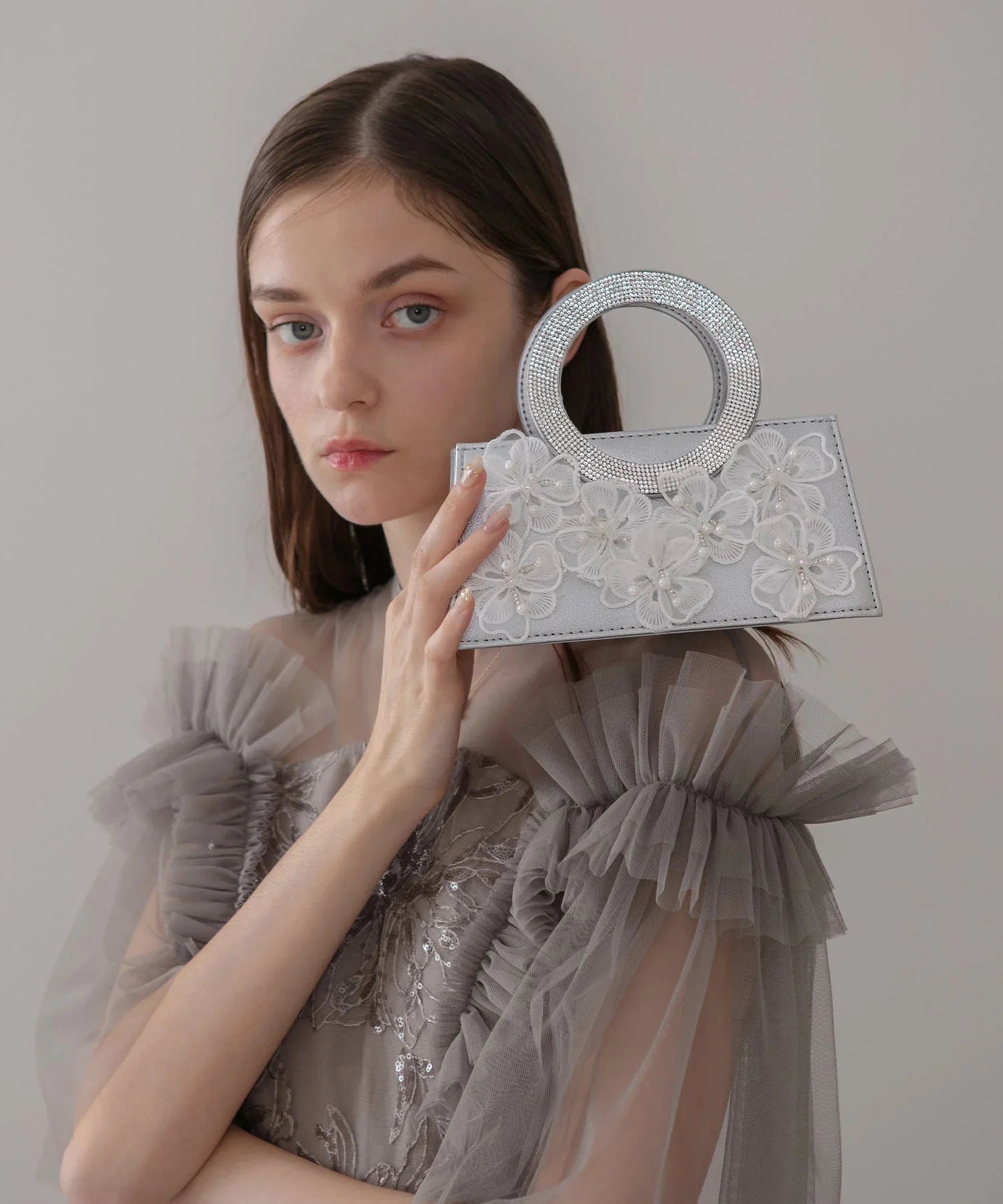 【一部当日発送】フラワービジューラウンドハンドル2wayバッグ