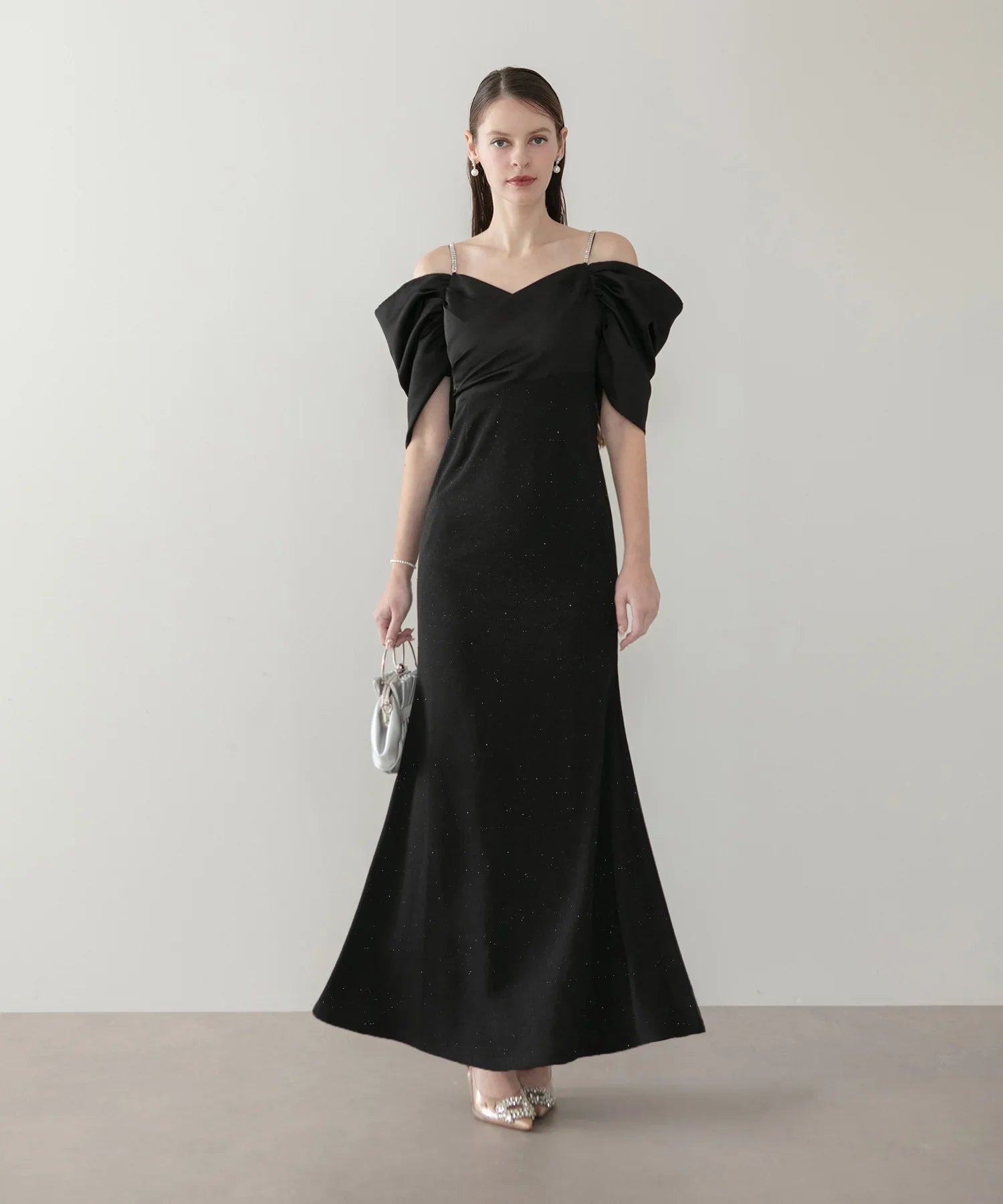 【LEJA LUXE】ビジューストラップタックオフショルダーマーメイドワンピースドレス