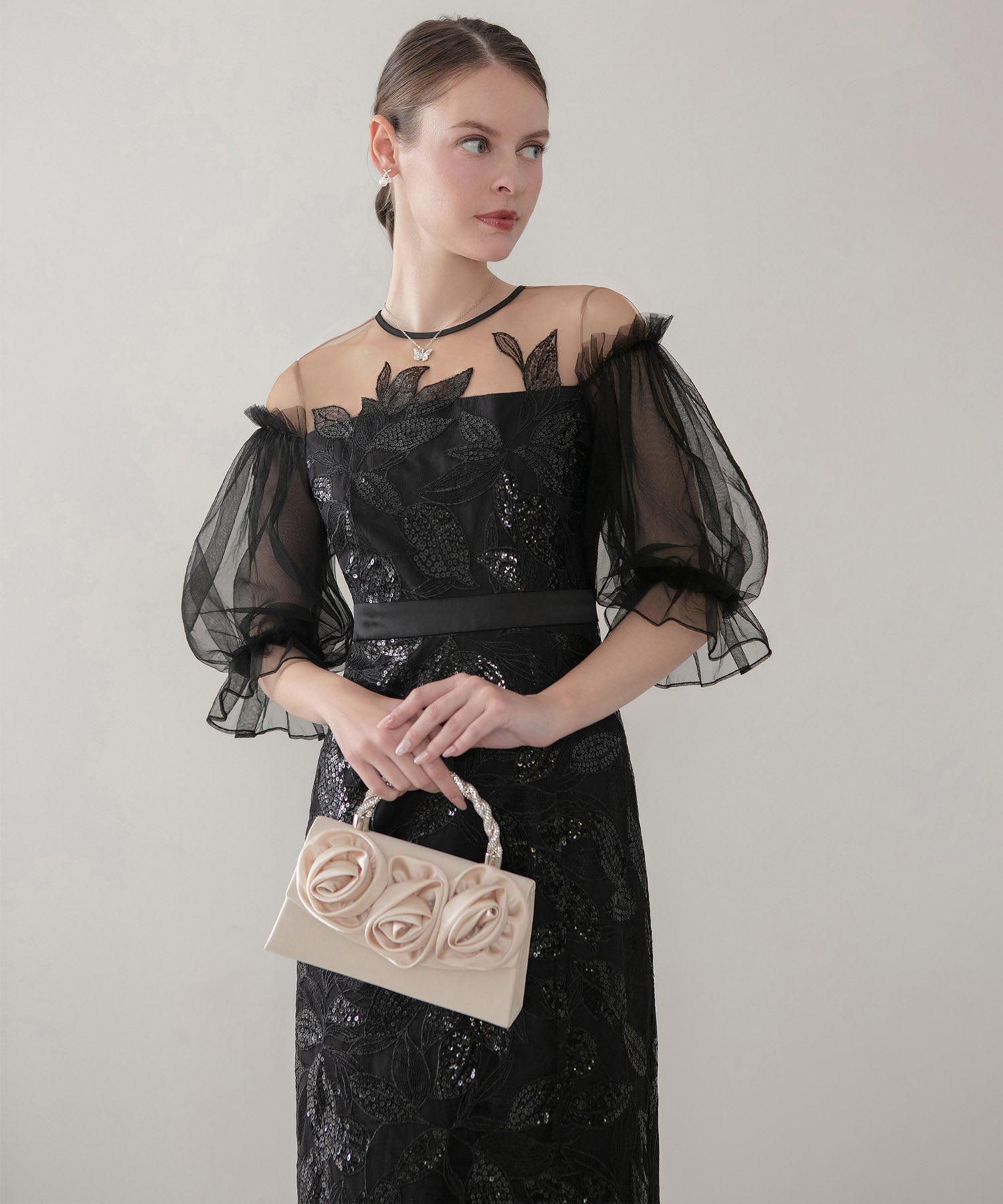 【当日発送】リーフスパンコールチュールパフスリーブIラインワンピースドレス