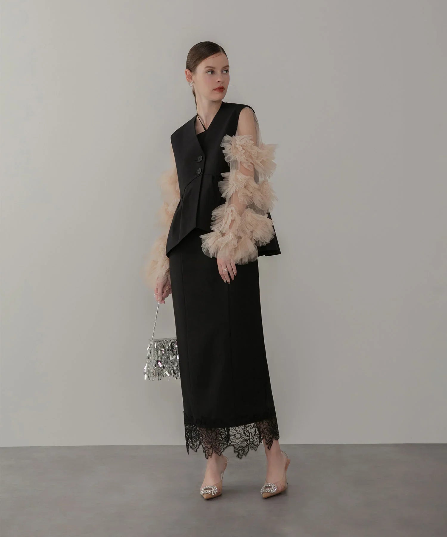 【当日発送】チュールフリルスリーブベストセットワンピースドレス