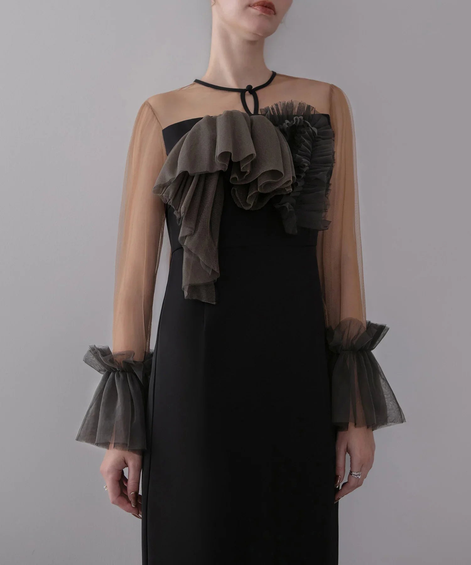 【当日発送】チュールフリルスリーブIラインワンピースドレス