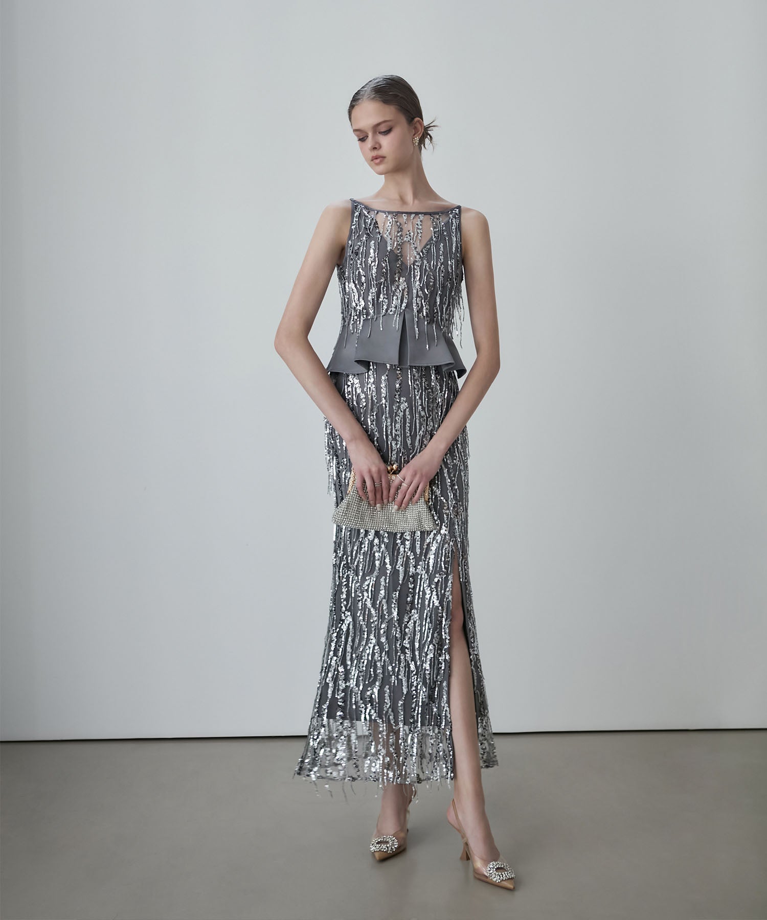 【LEJA LUXE】シルバーフリンジスパンコールペプラムマーメイドドレス