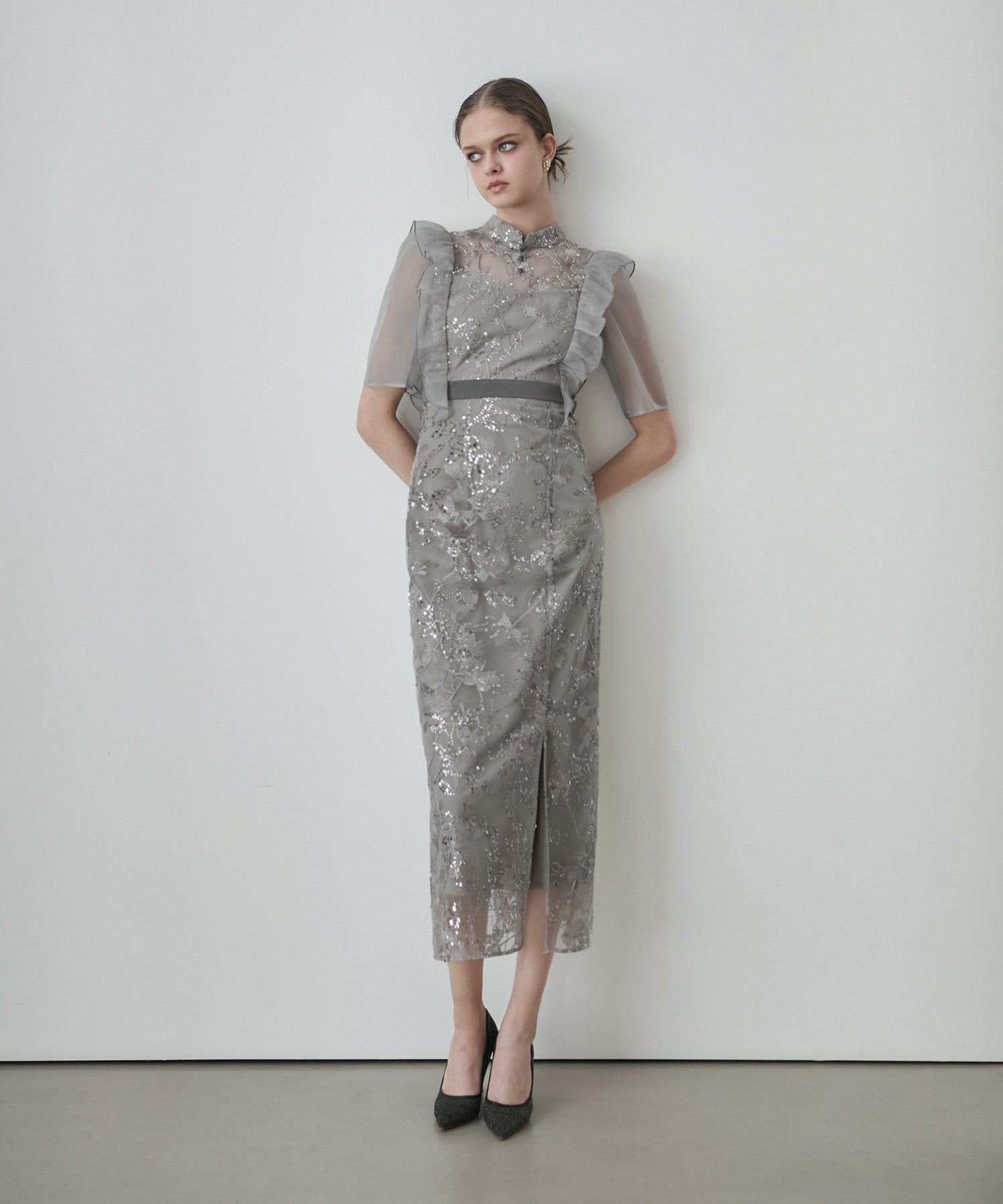 【当日発送】フラワースパンコールシアーフリルIラインワンピースドレス