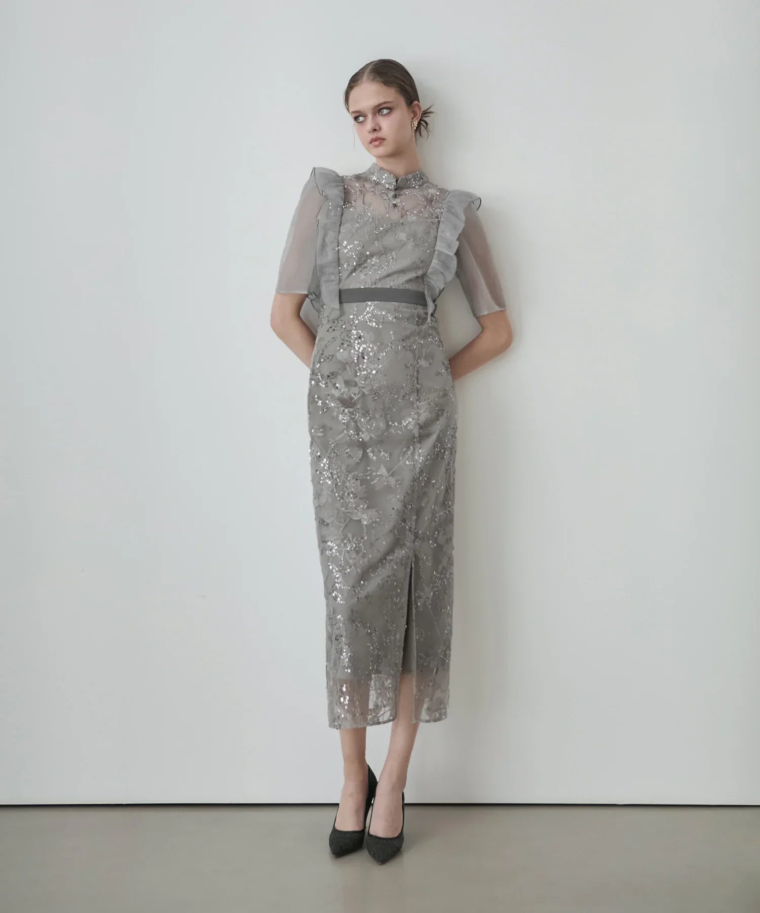 【当日発送】フラワースパンコールシアーフリルIラインワンピースドレス