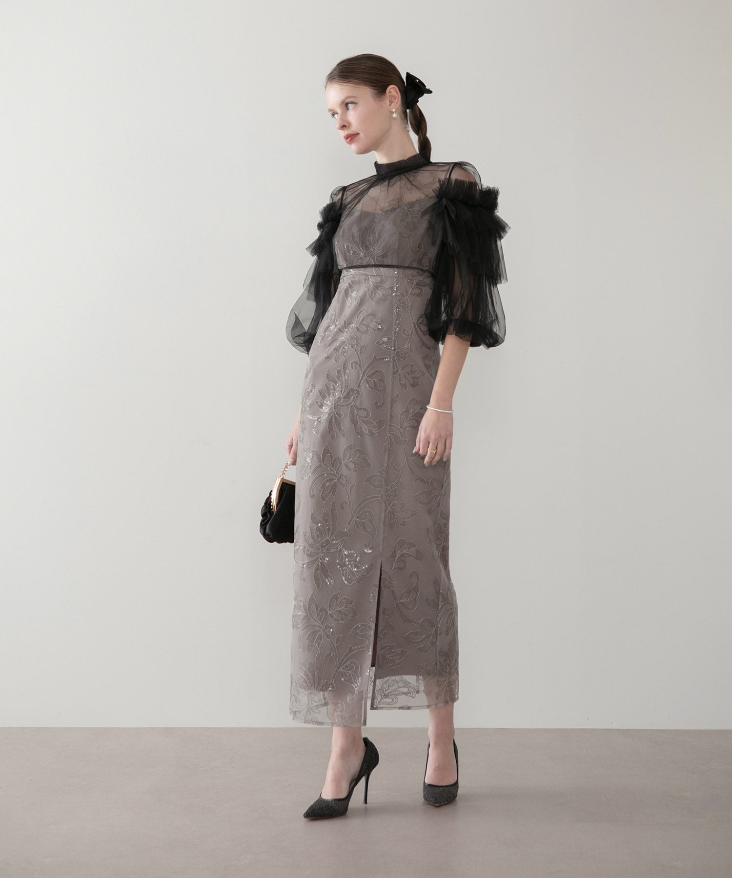 【当日発送】フリルチュールスパンコールフローラルIラインワンピースドレス