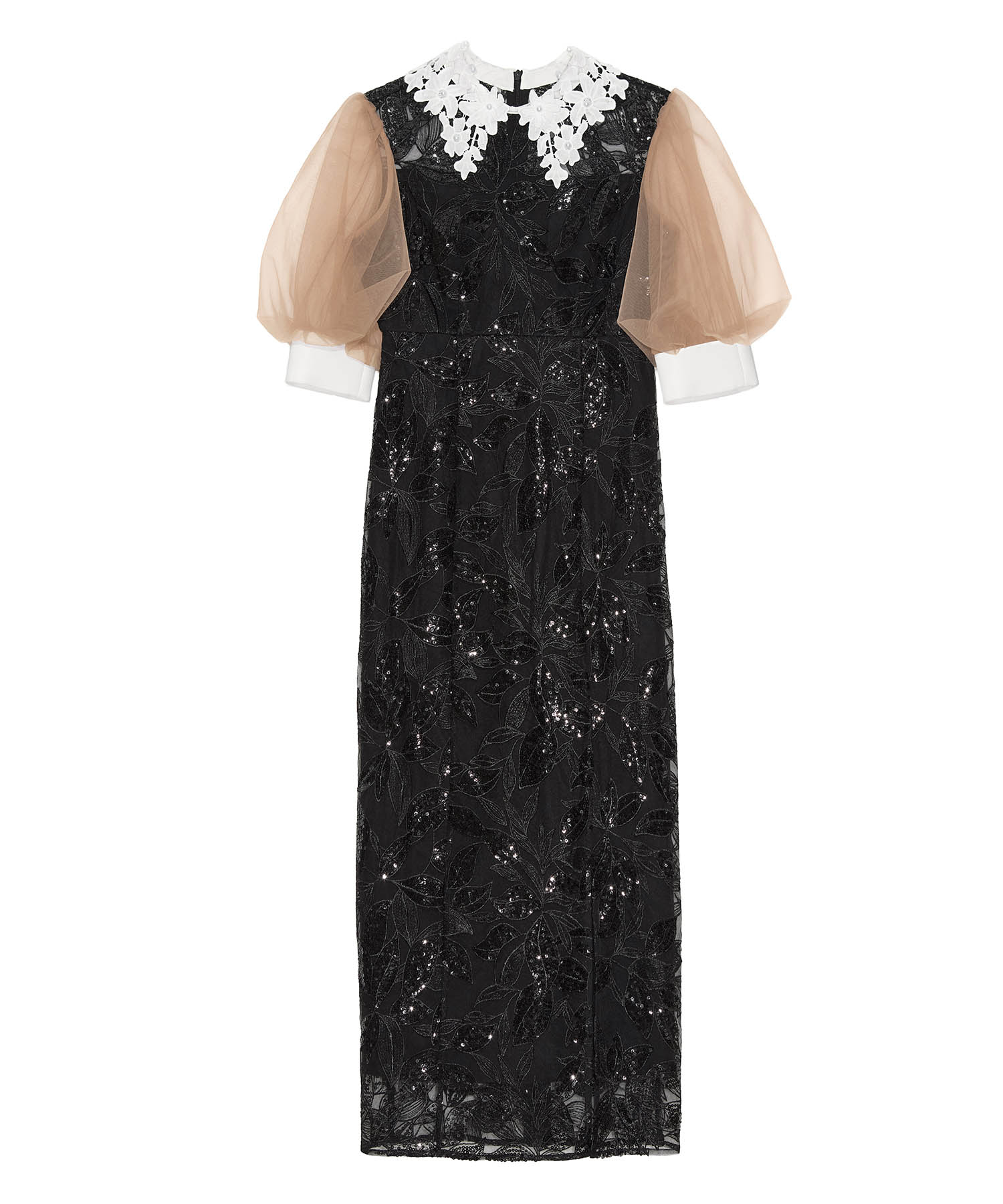 【当日発送】レースカラーリーフスパンコールパフスリーブIラインワンピースドレス