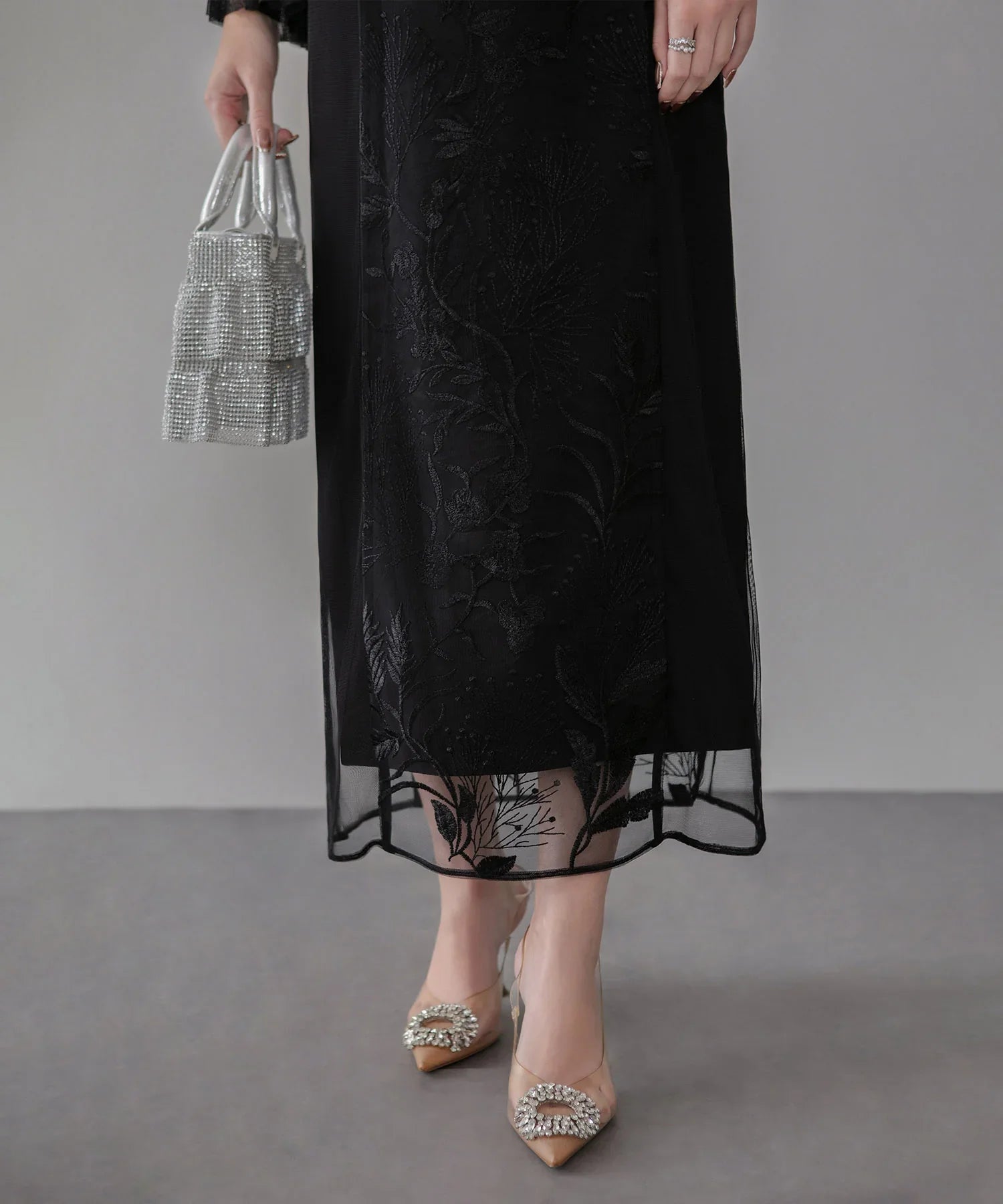 【当日発送】フラワーレースジュエルカラーIラインワンピースドレス