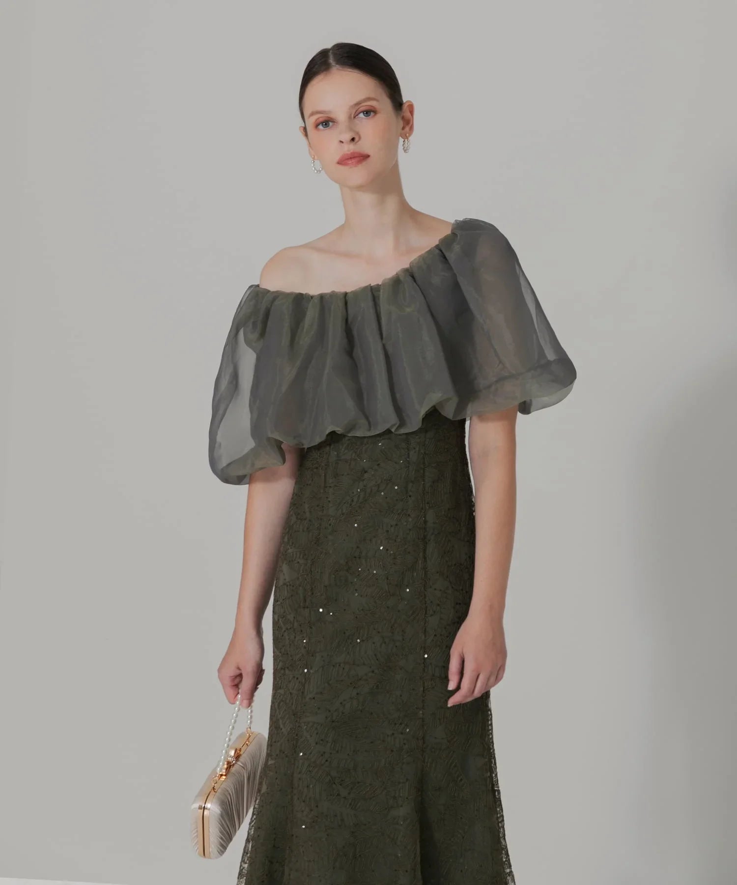 【当日発送】2WAYオフショルダーパフスリーブマーメイドワンピースドレス