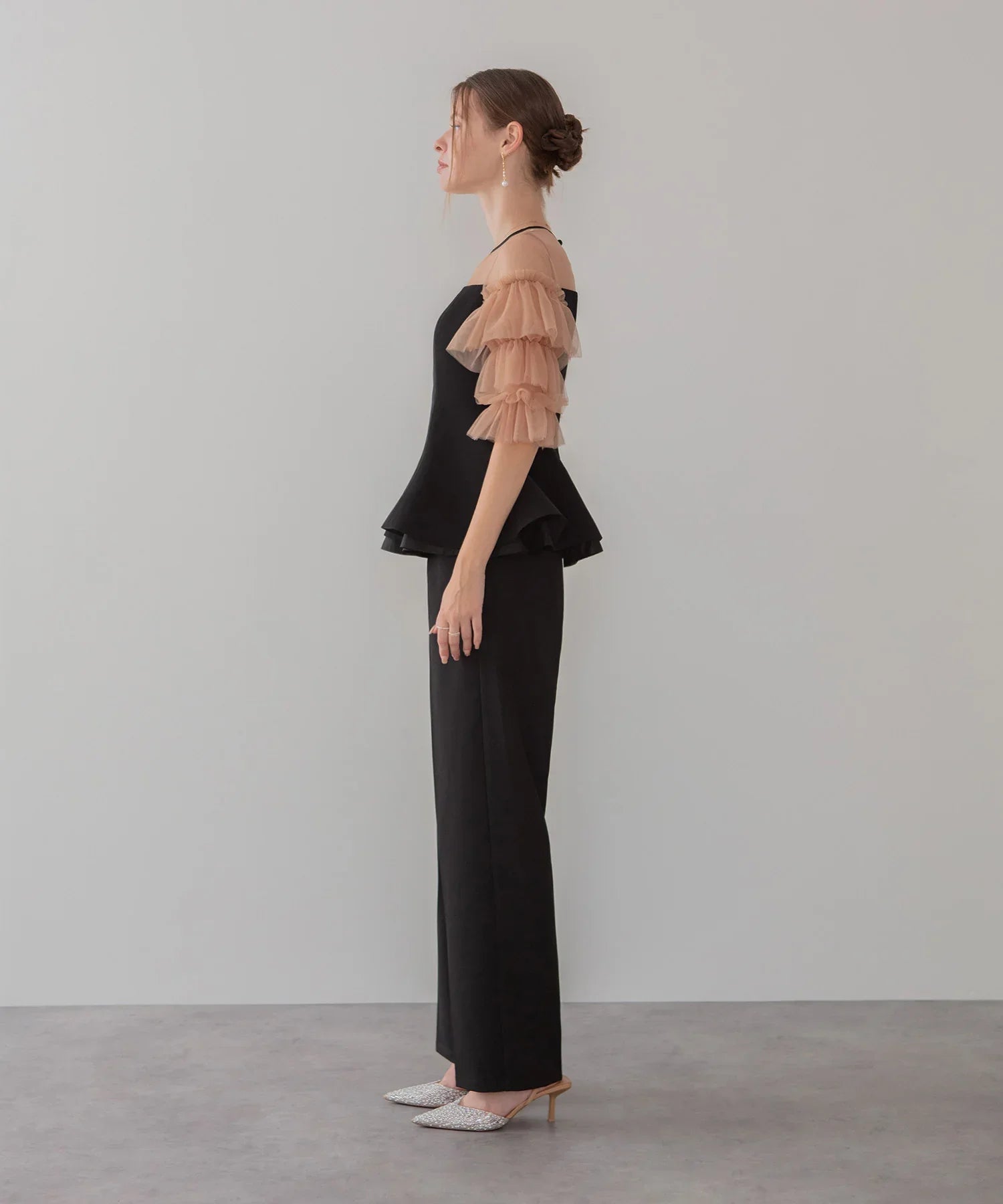 【当日発送】チュールスリーブペプラムセットアップパンツドレス