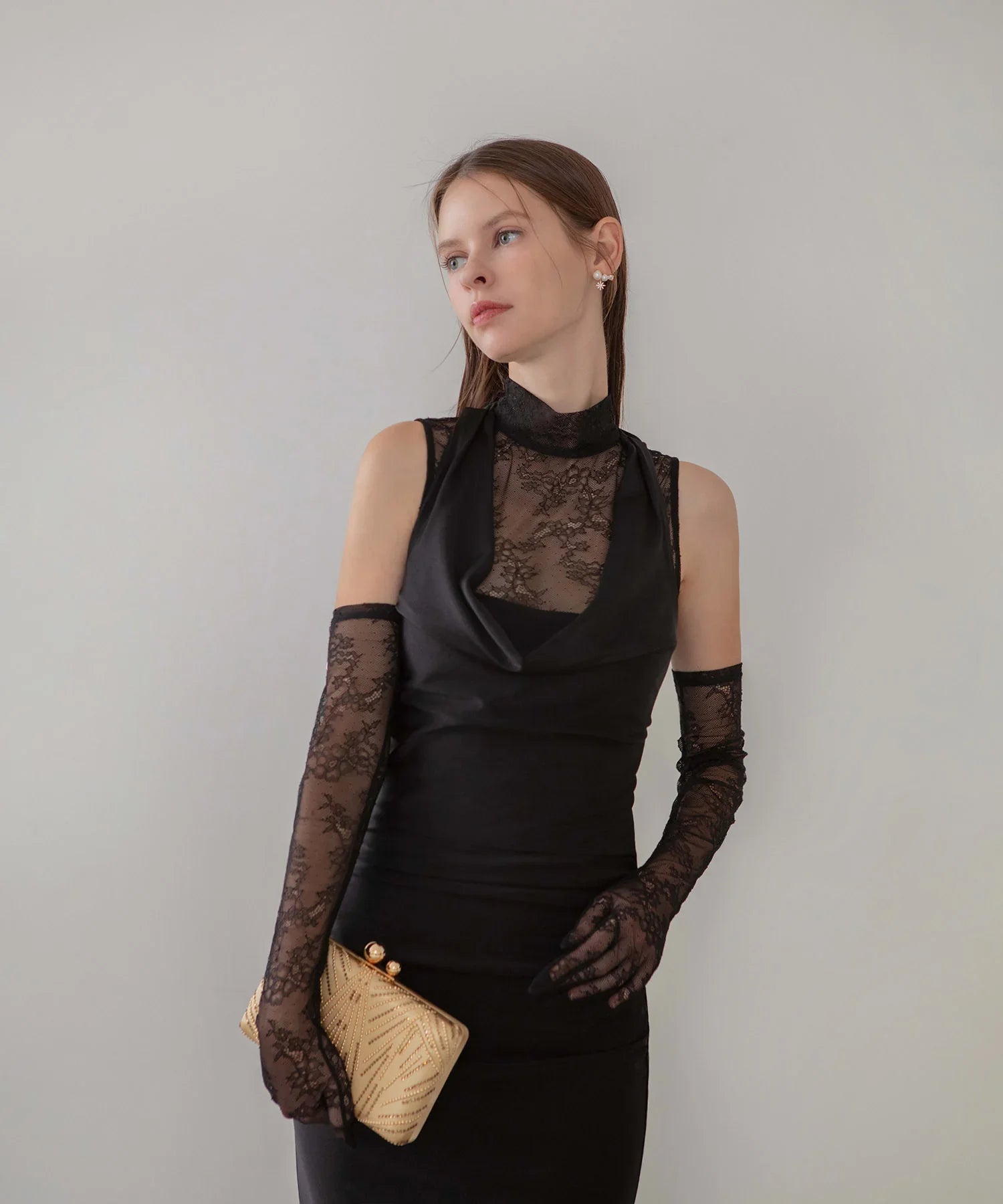 【LEJA LUXE】2WAYシアーレースグローブクラシックブラックマーメイドドレス