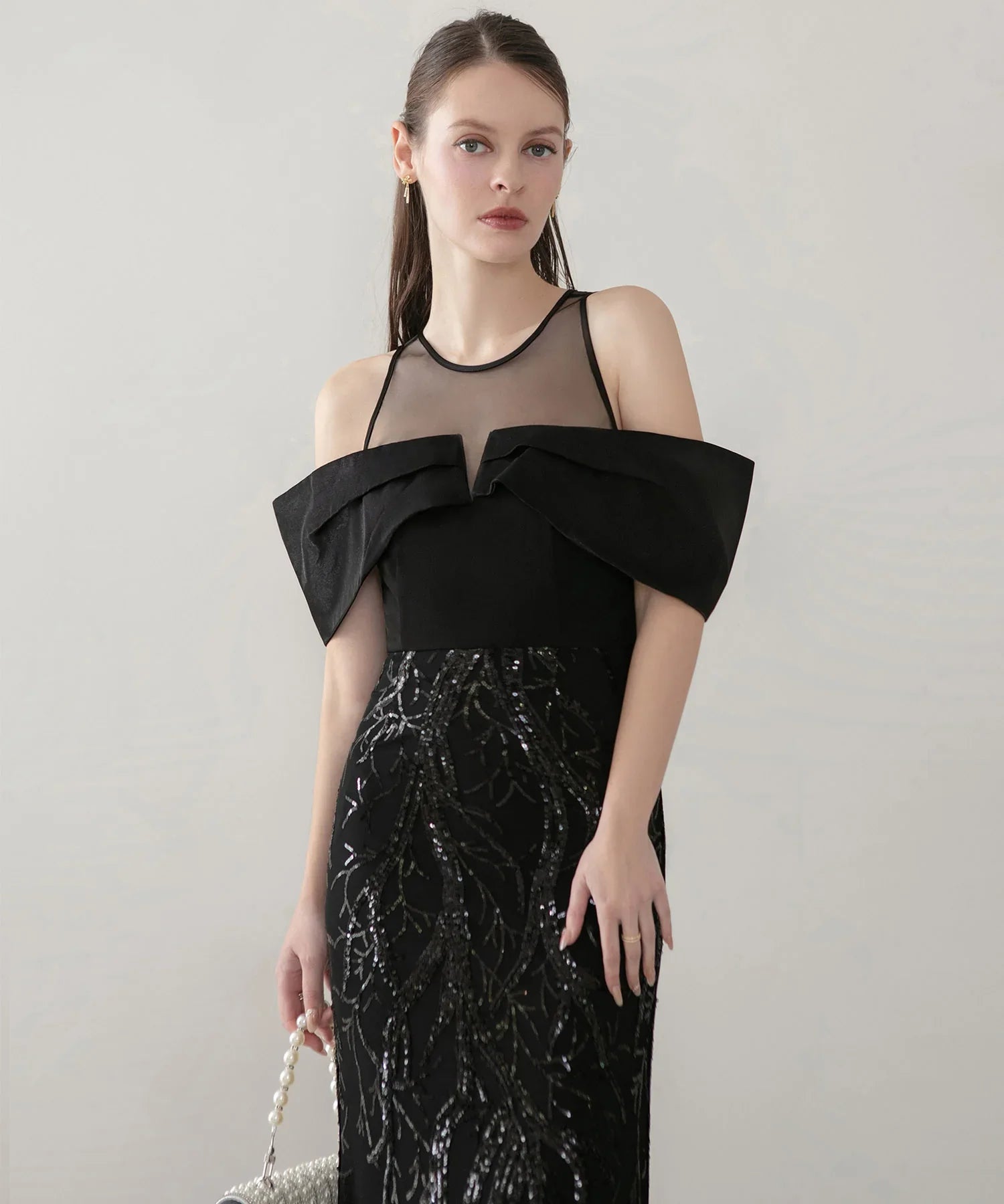 【LEJA LUXE】シースルーオフショルダーデザインスパンコールマーメイドドレス