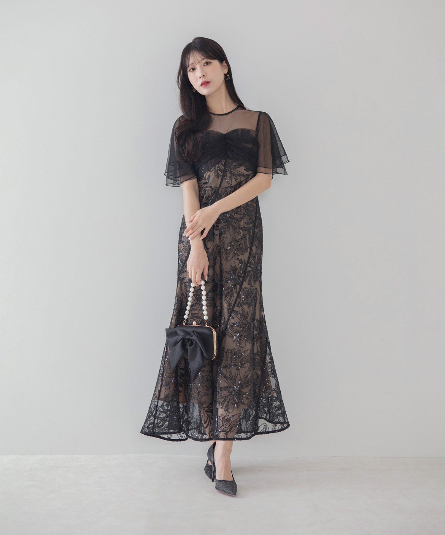 【予約販売】フラワースパンコールチュールフレアスリーブマーメイドワンピースドレス