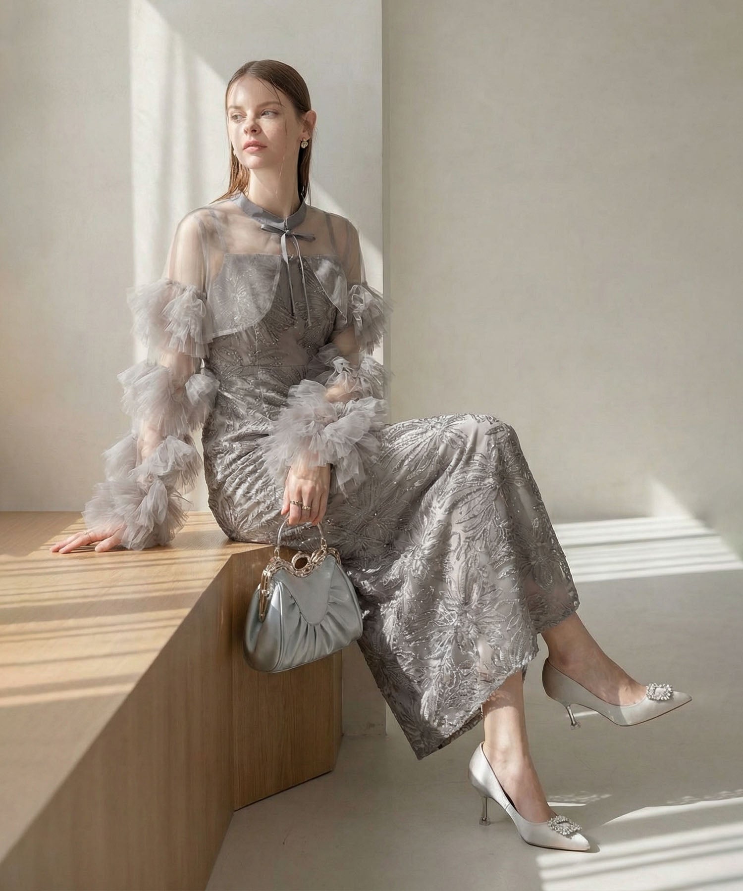 【当日発送】フリルチュールスリーブリボンIラインワンピースドレス