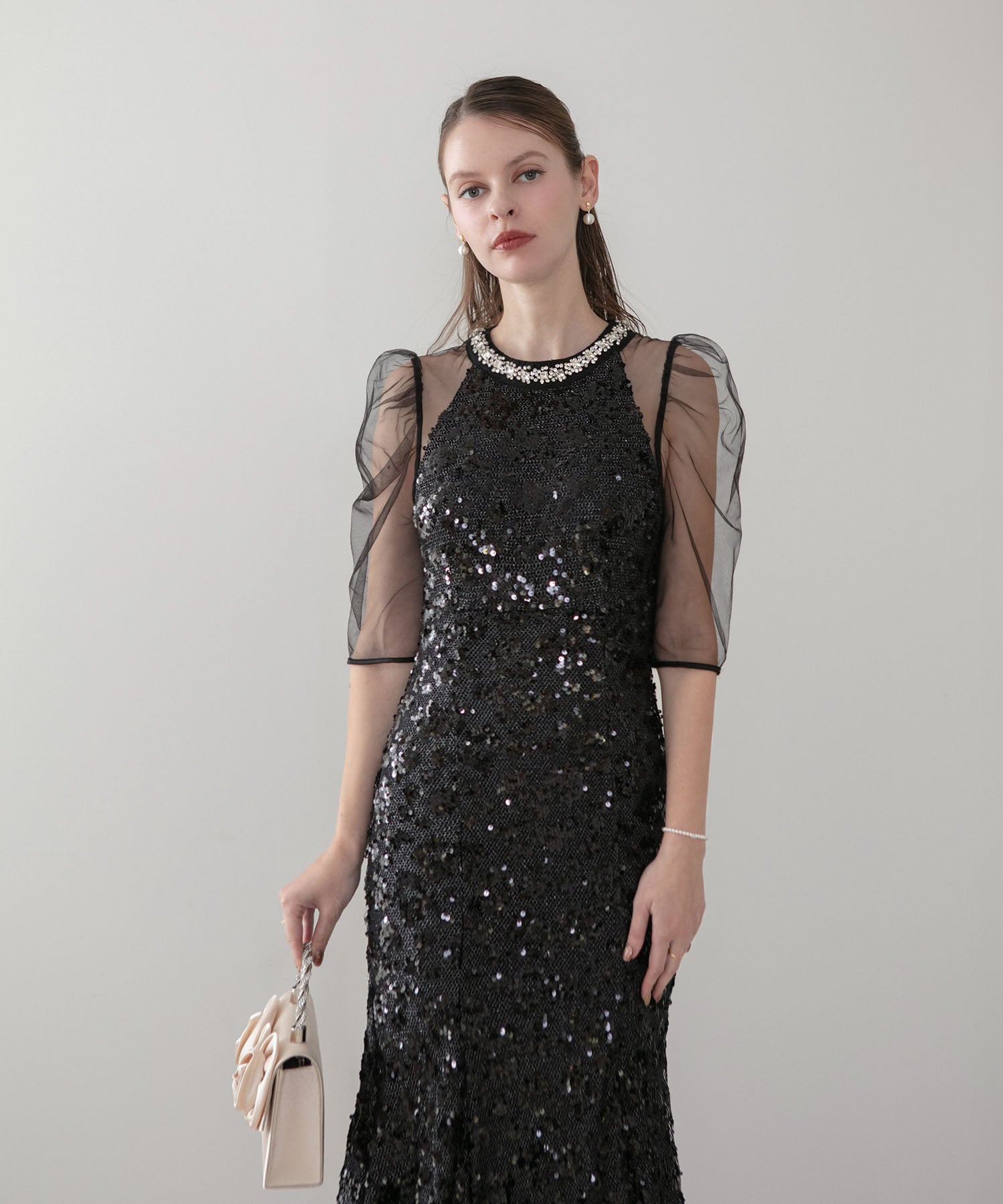 【SOLD OUT】ビジューネックスパンコールシアーマーメイドワンピースドレス