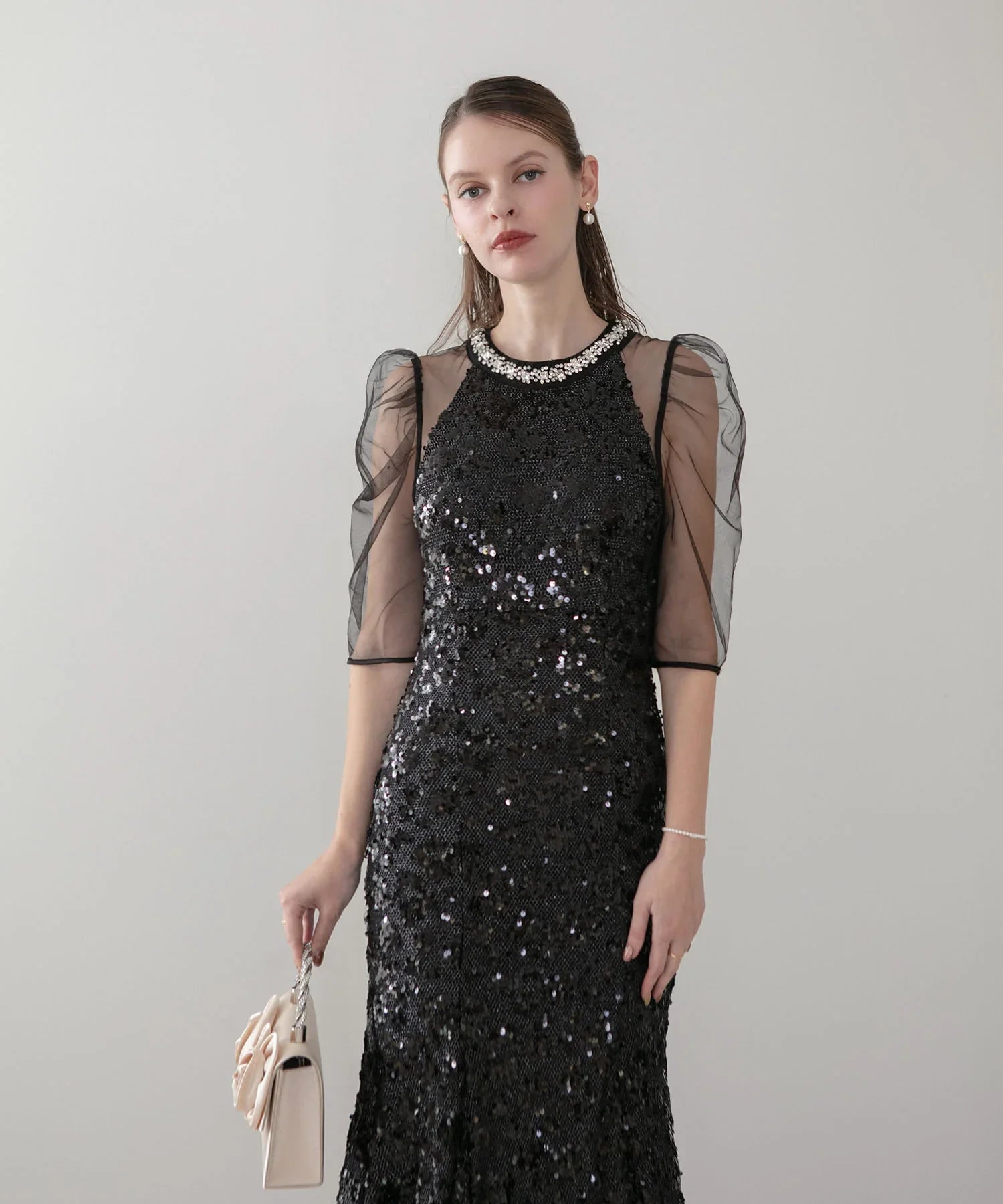 【予約販売】ビジューネックスパンコールシアーマーメイドワンピースドレス