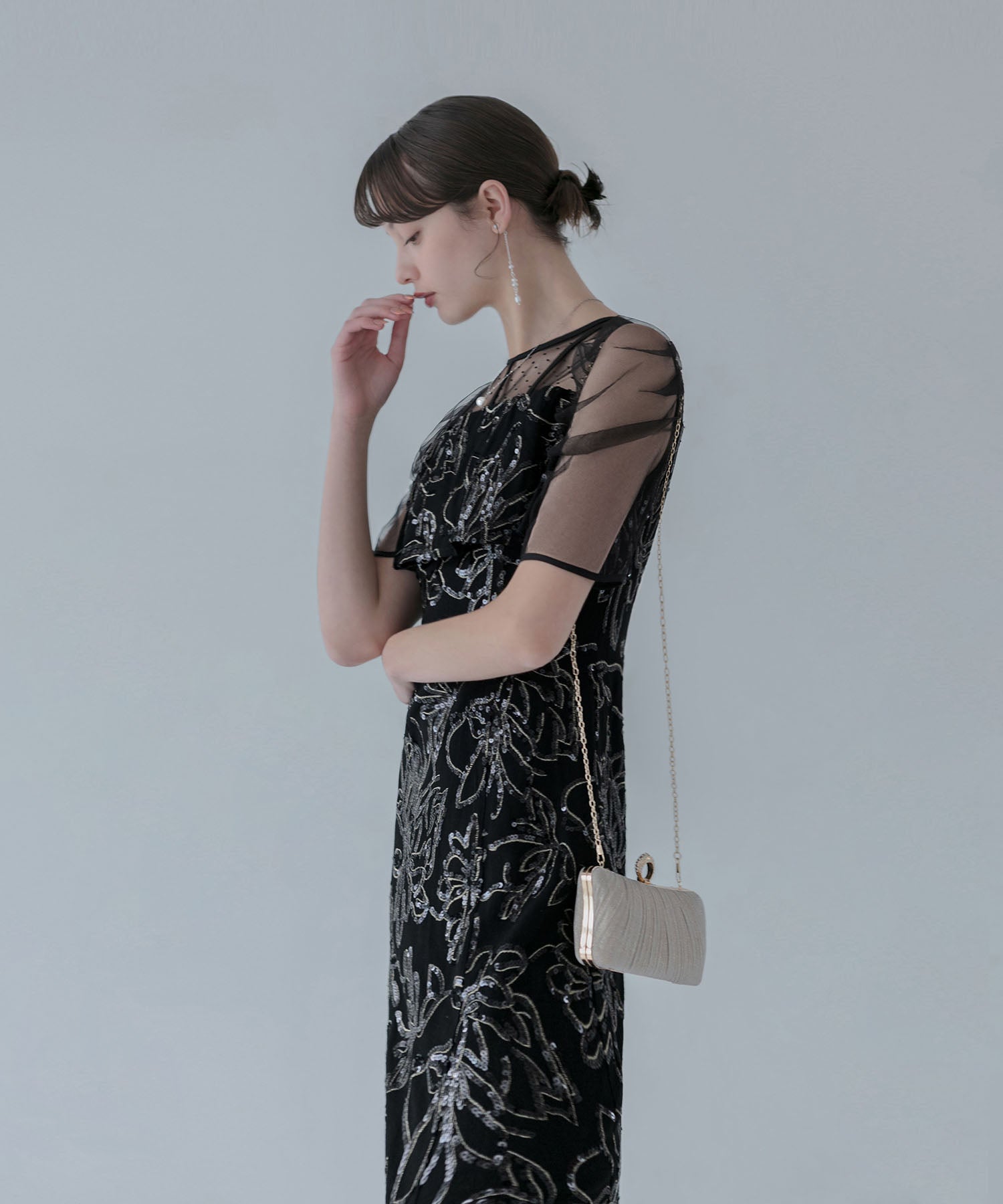 【当日発送】ドットチュールフラワースパンコールIラインワンピースドレス