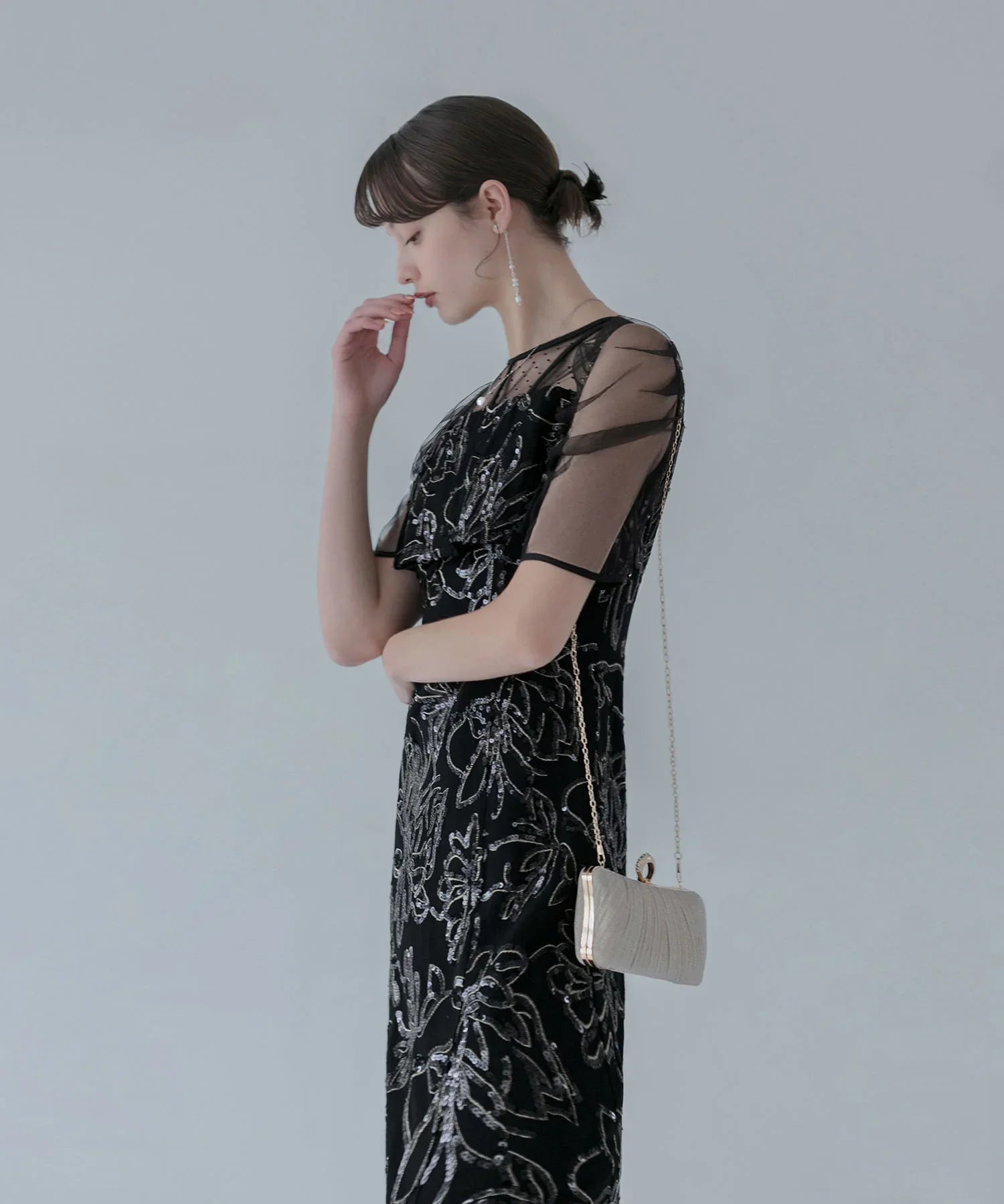 【当日発送】ドットチュールフラワースパンコールIラインワンピースドレス