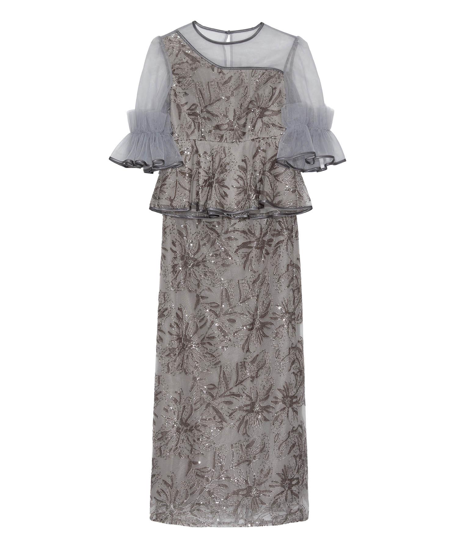 【SOLD OUT】アシンメトリーシアーフラワースパンコールフリルチュール セットアップドレス