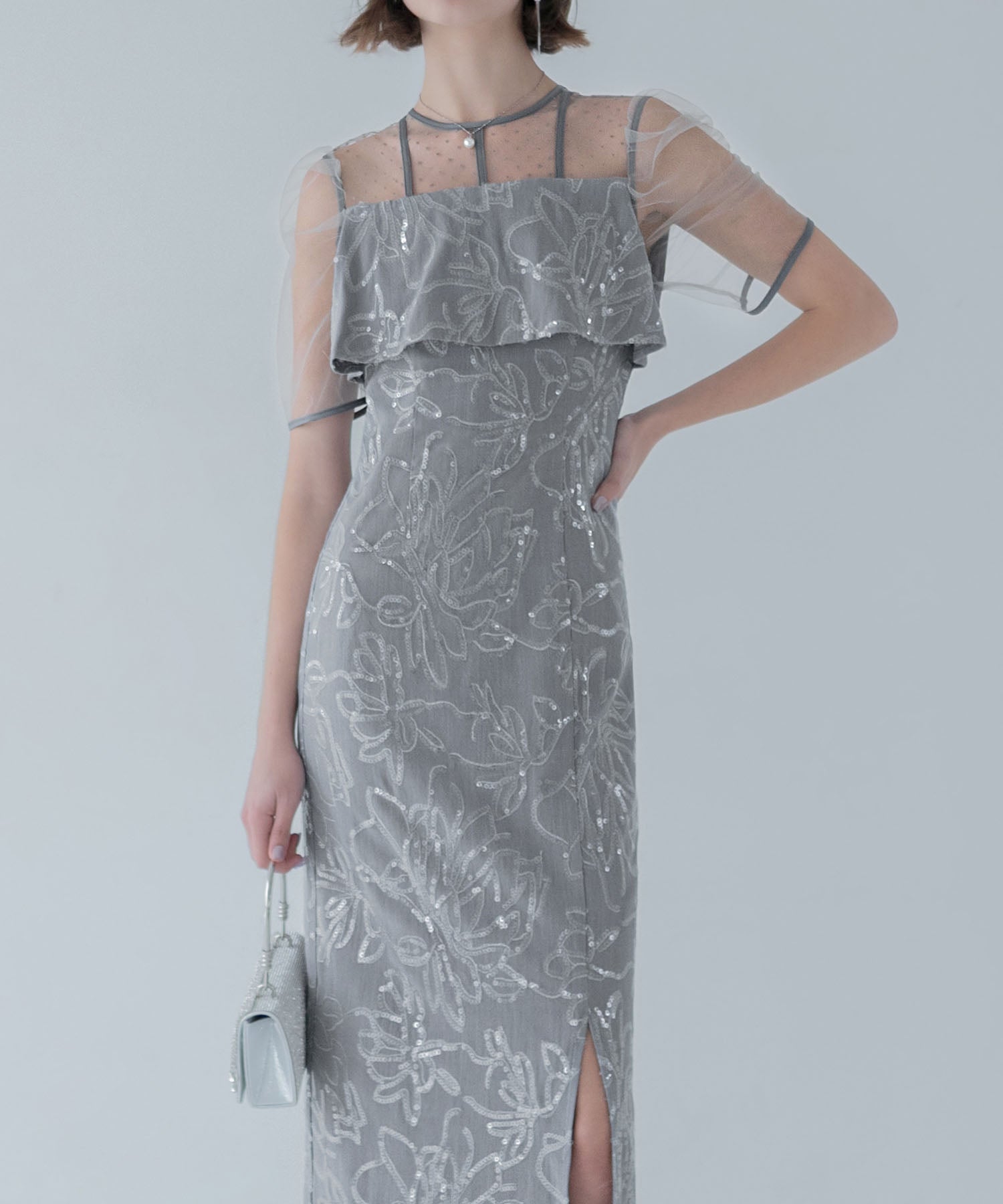 【当日発送】ドットチュールフラワースパンコールIラインワンピースドレス