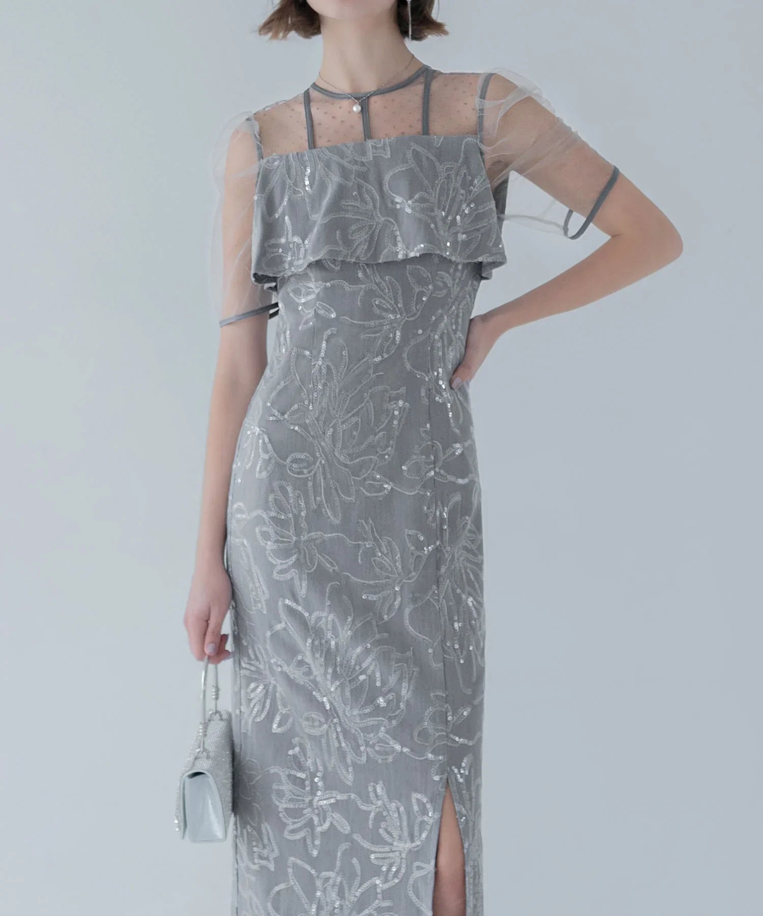 【当日発送】ドットチュールフラワースパンコールIラインワンピースドレス