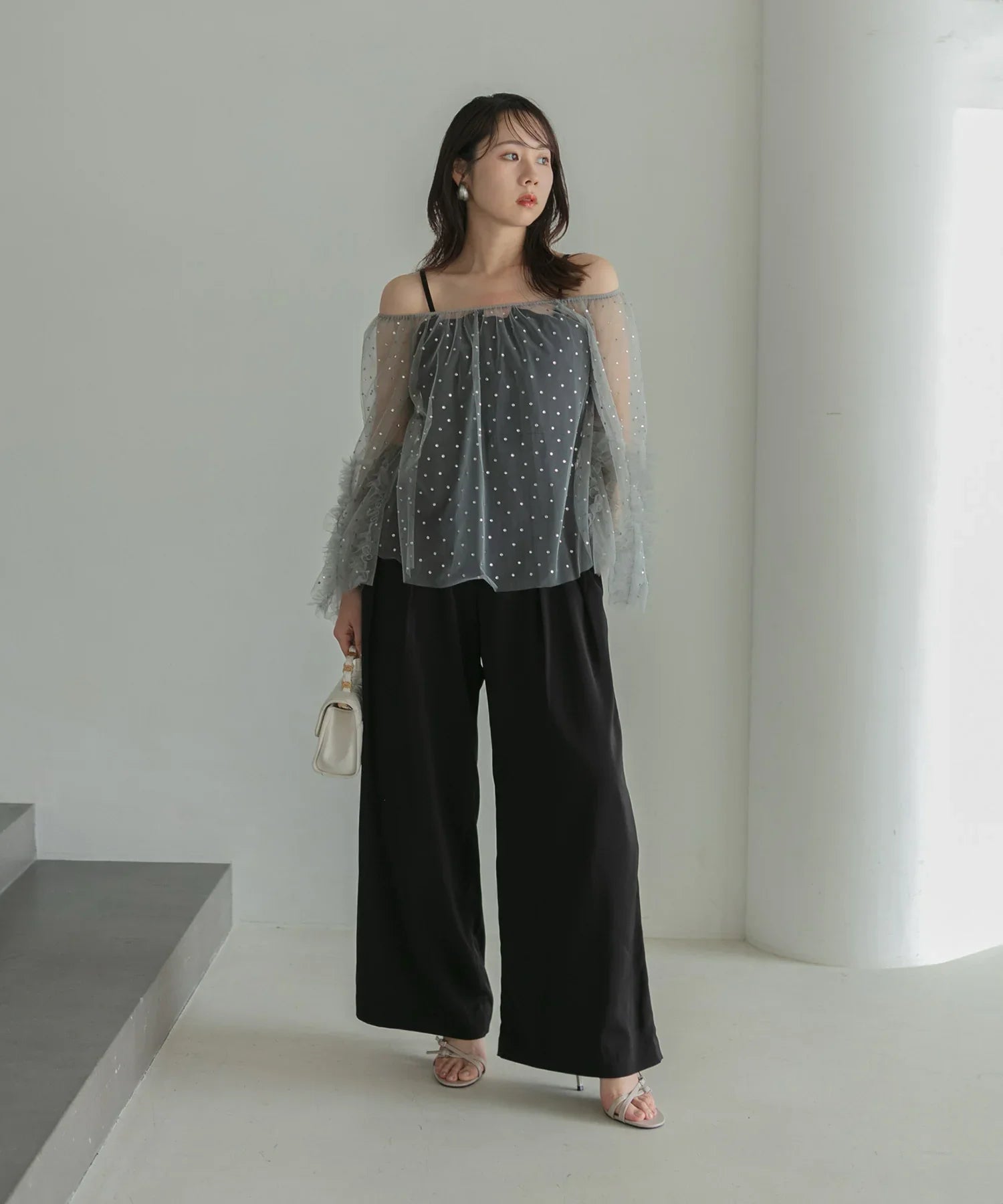 【当日発送】ドットストーンオフショルIラインワンピースドレス