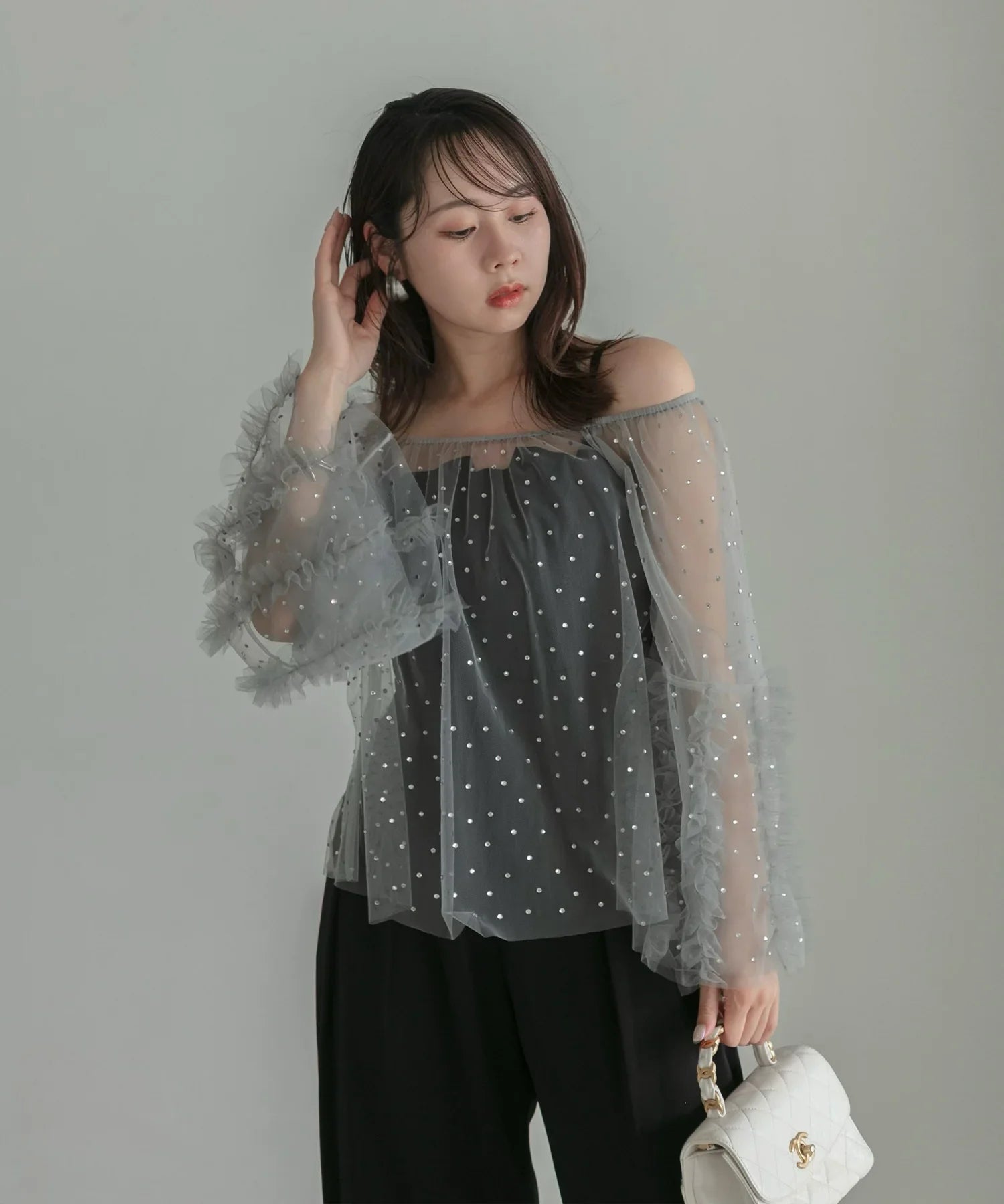 【当日発送】ドットストーンオフショルIラインワンピースドレス