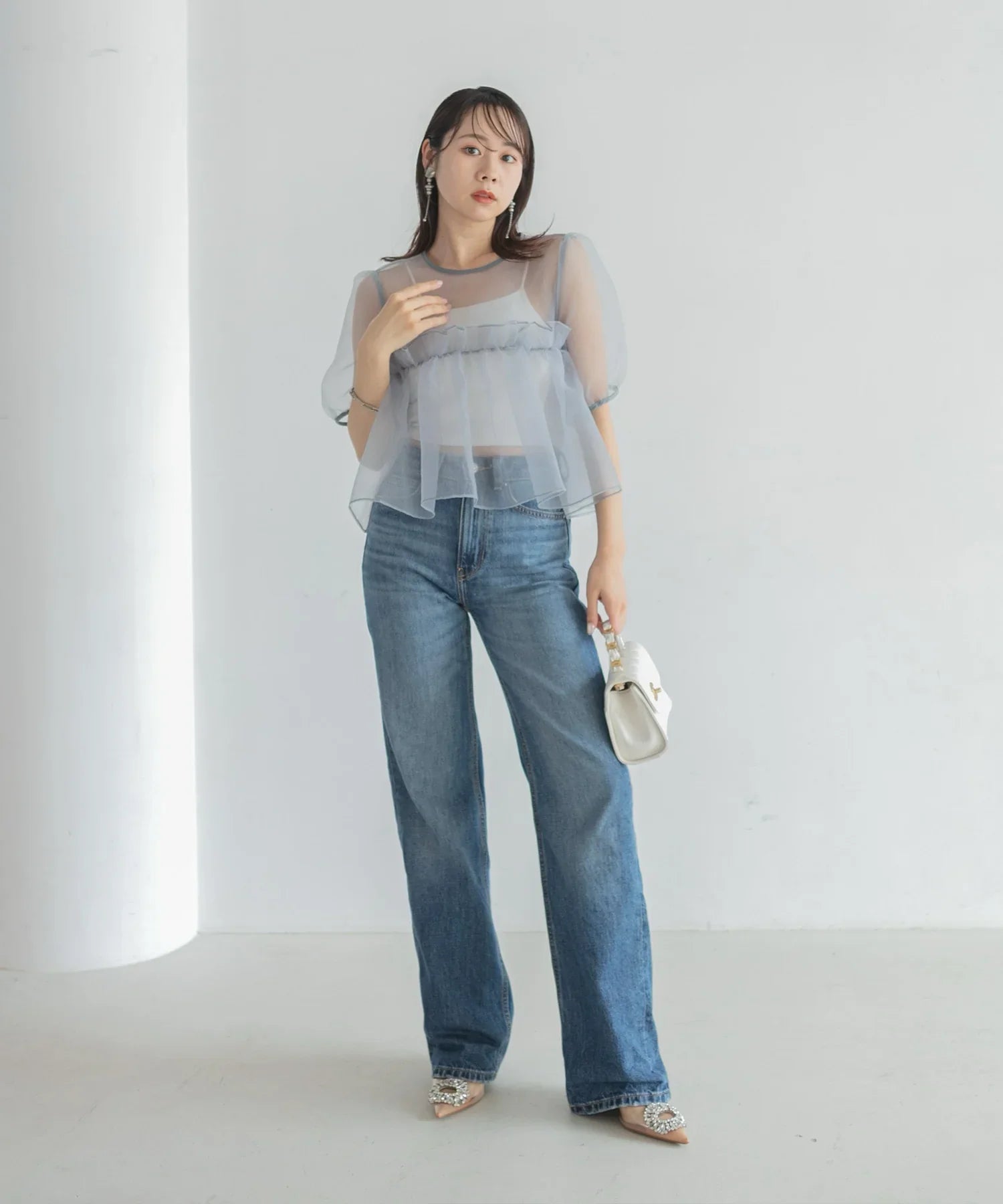 【当日発送】ボリュームシアーフリルジャガードIラインワンピースドレス