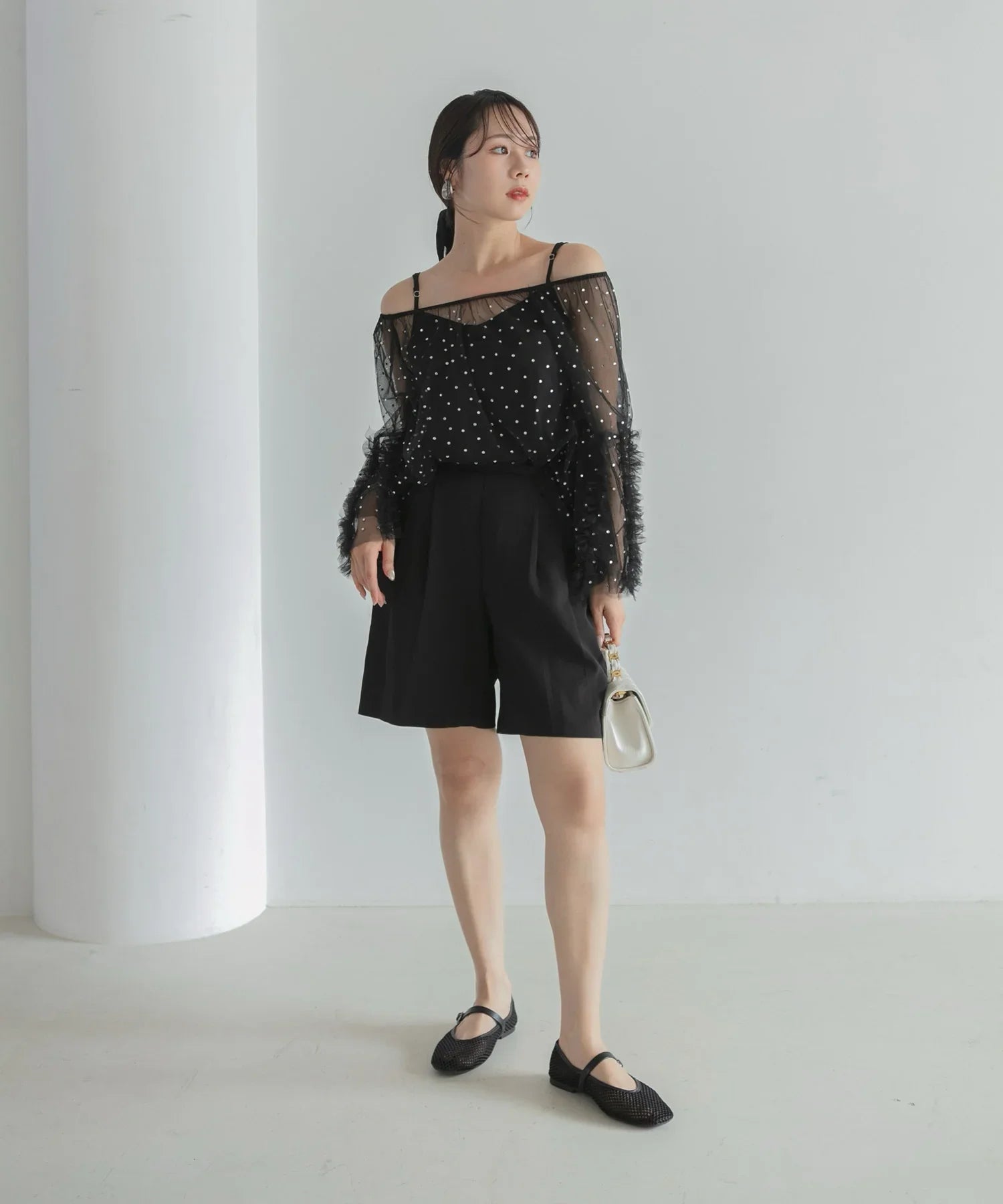 【当日発送】ドットストーンオフショルIラインワンピースドレス