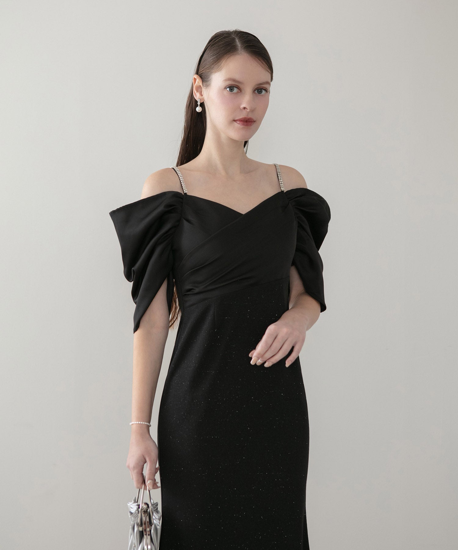 【当日発送】ビジューストラップタックオフショルダーマーメイドワンピースドレス