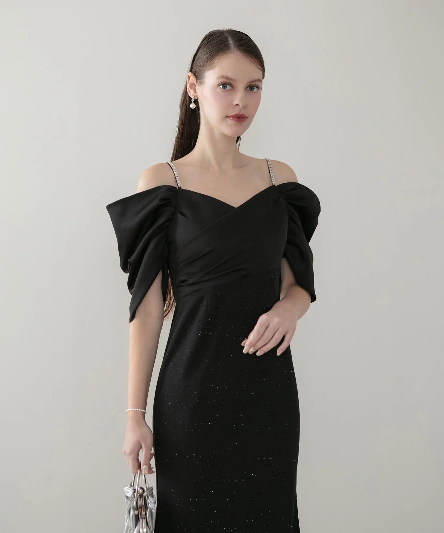 【LEJA LUXE】ビジューストラップタックオフショルダーマーメイドワンピースドレス