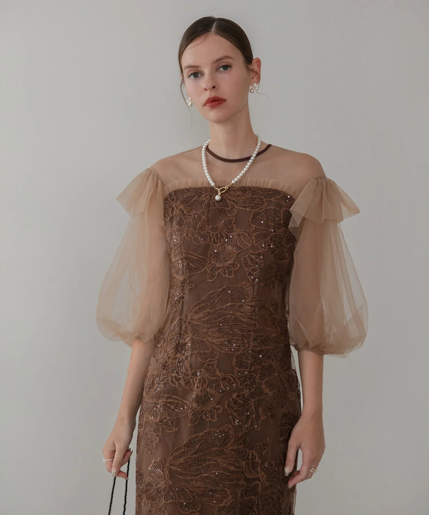 【当日発送】フラワースパンコールシアーフリルスリーブIラインワンピースドレス