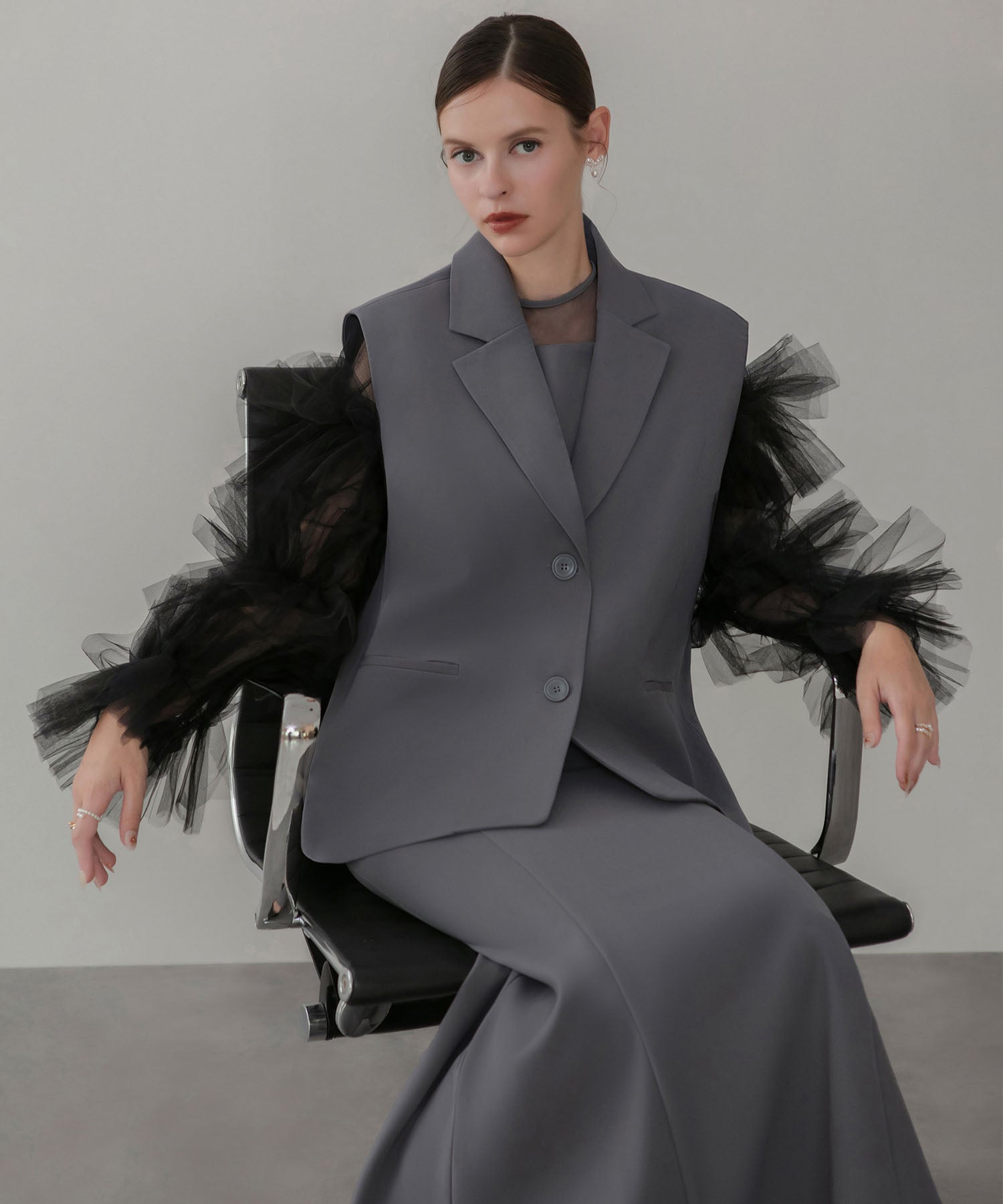 【当日発送】ボリュームチュールスリーブベストセットアップドレス