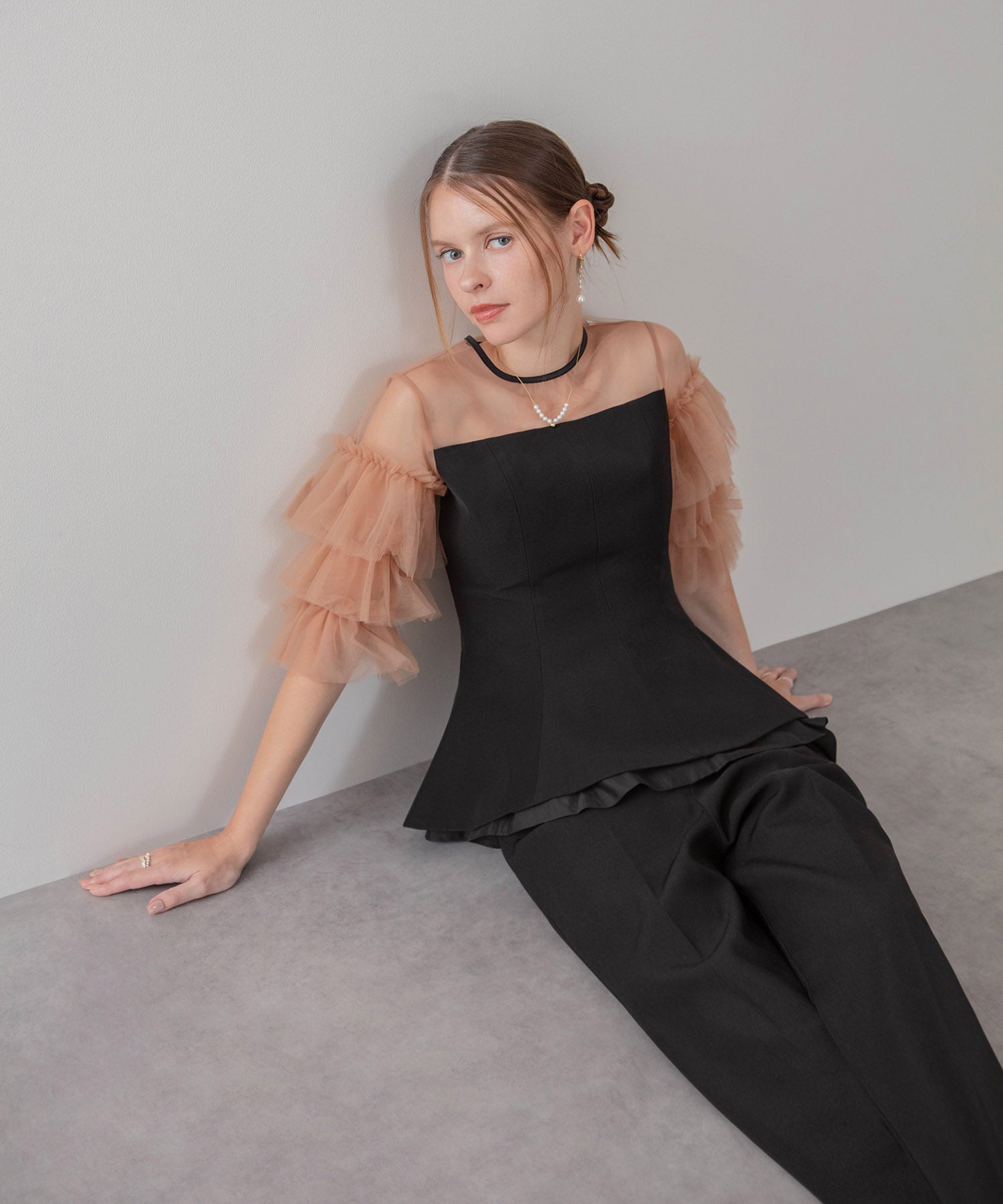 【当日発送】チュールスリーブペプラムセットアップパンツドレス