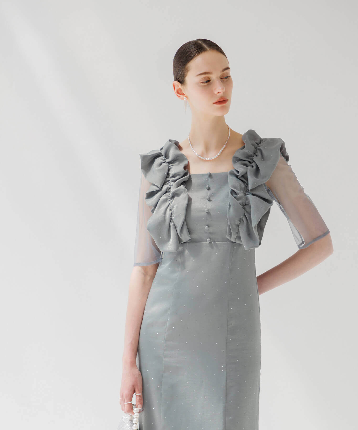 【当日発送】フリルショルダーストーンIラインワンピースドレス