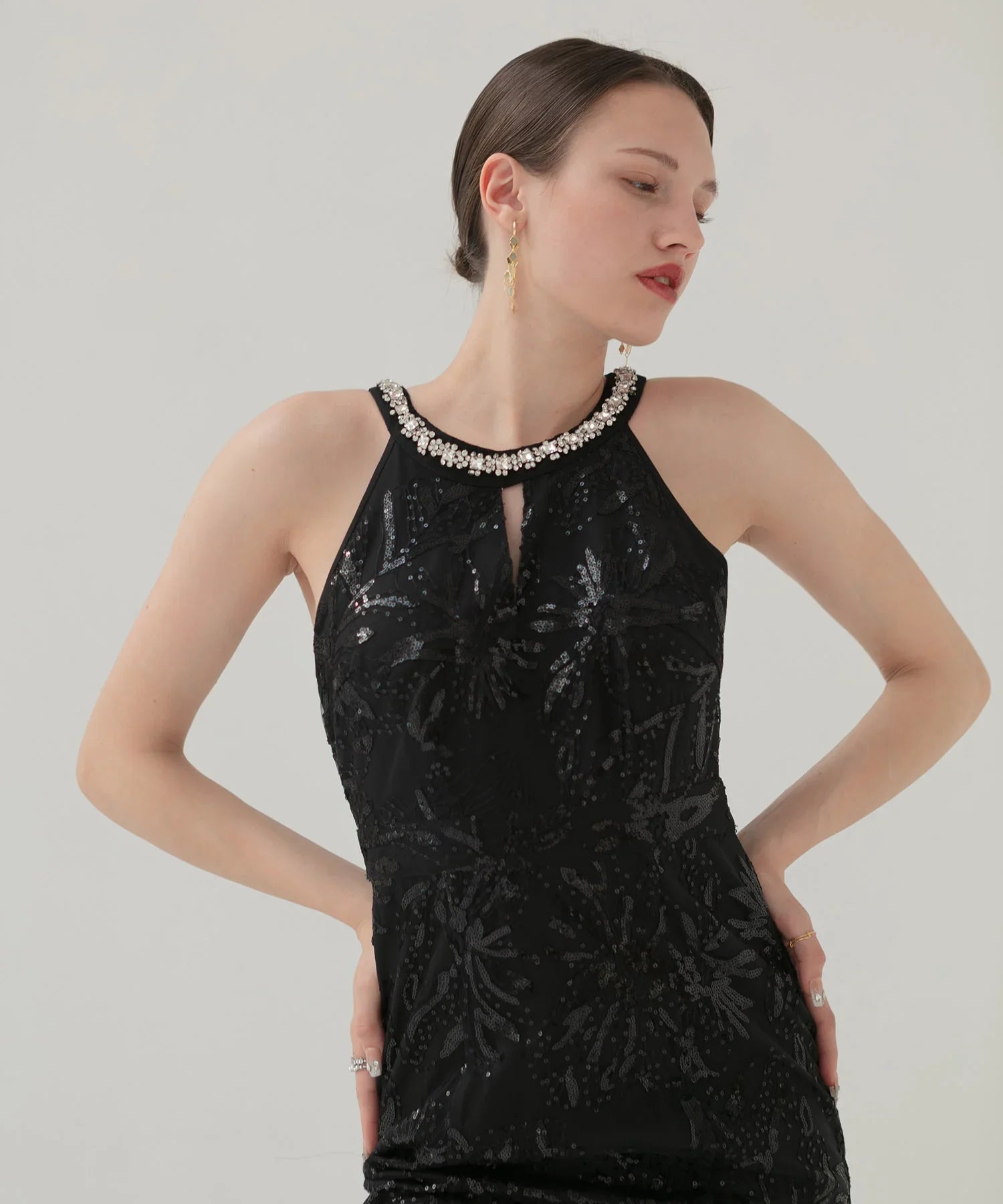 【LEJA LUXE】Beaded halter neck botanical mermaid dress