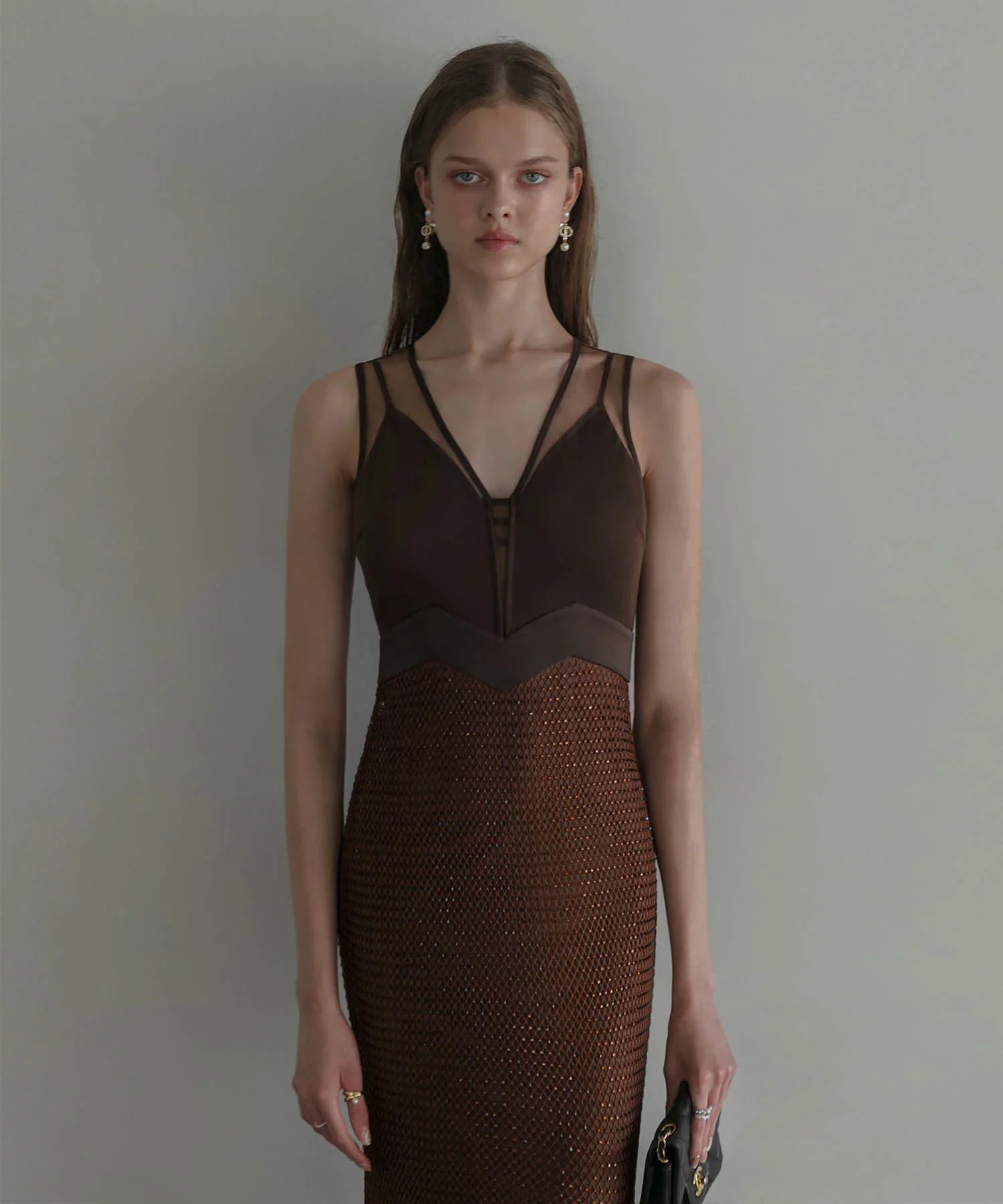 【LEJA LUXE】VネックメッシュストーンIラインドレス