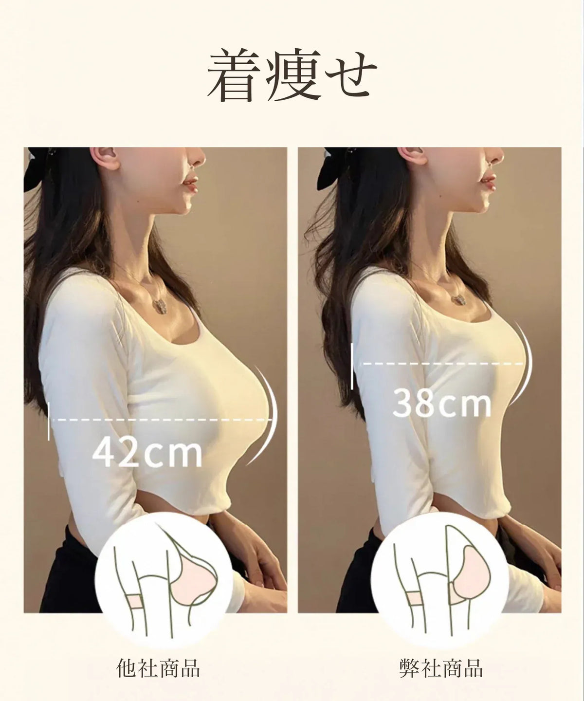白いタイトトップスを着用した横姿でバストの厚みを比較した、極小パッド入り着痩せブラの着用シルエット。