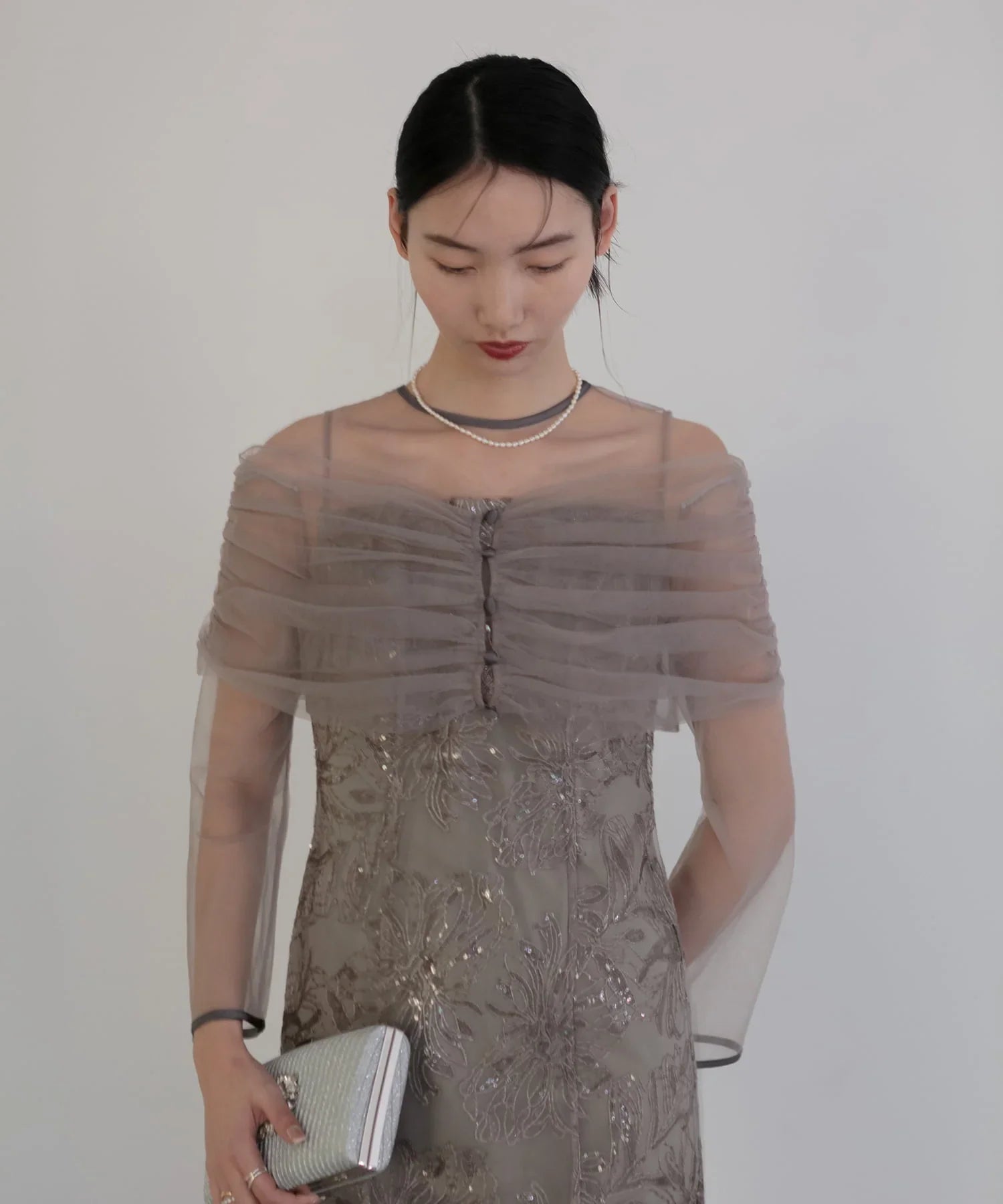 【当日発送】チュールオフショルダー花柄Iラインワンピースドレス