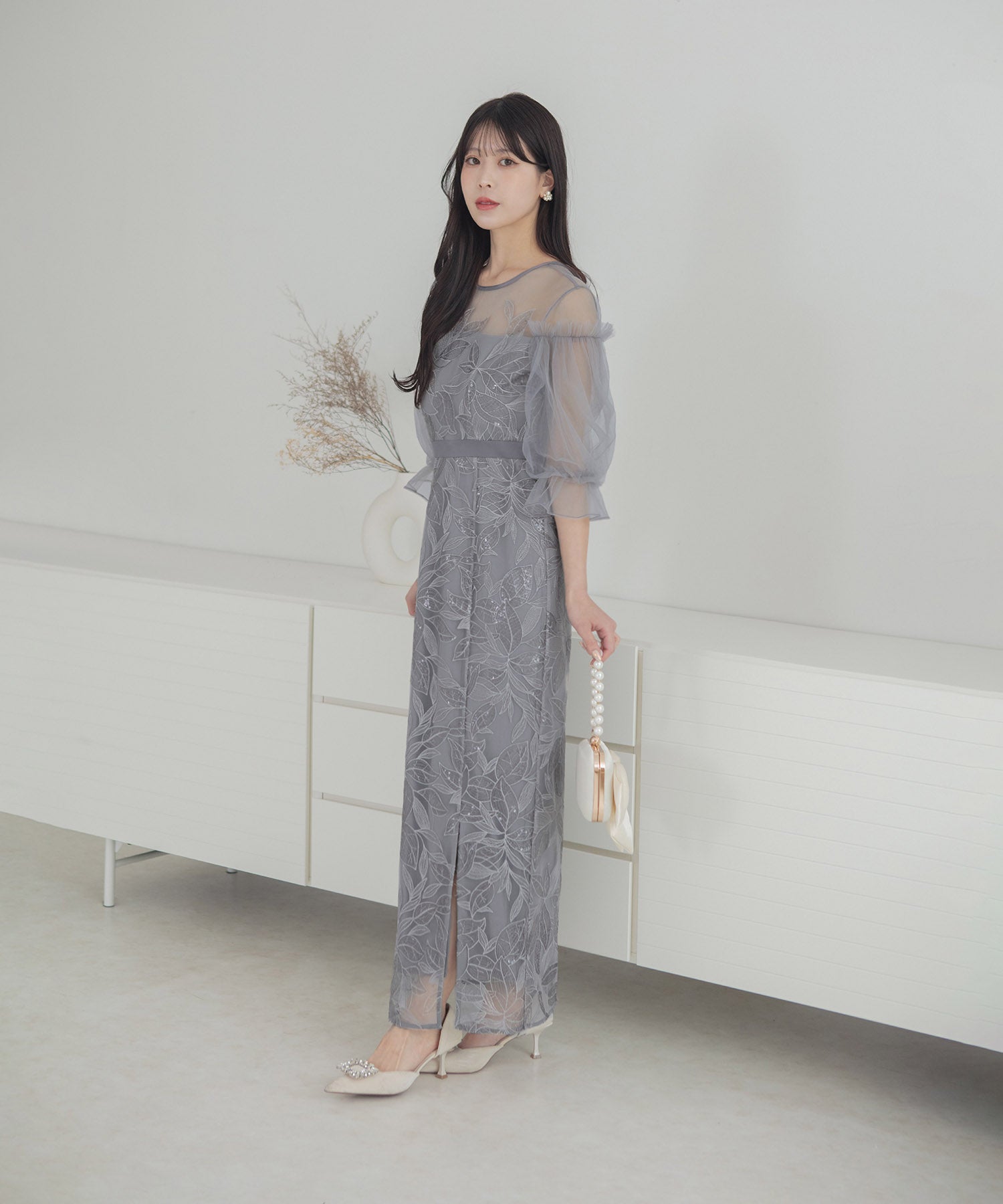 【一部当日発送】リーフスパンコールチュールパフスリーブIラインワンピースドレス