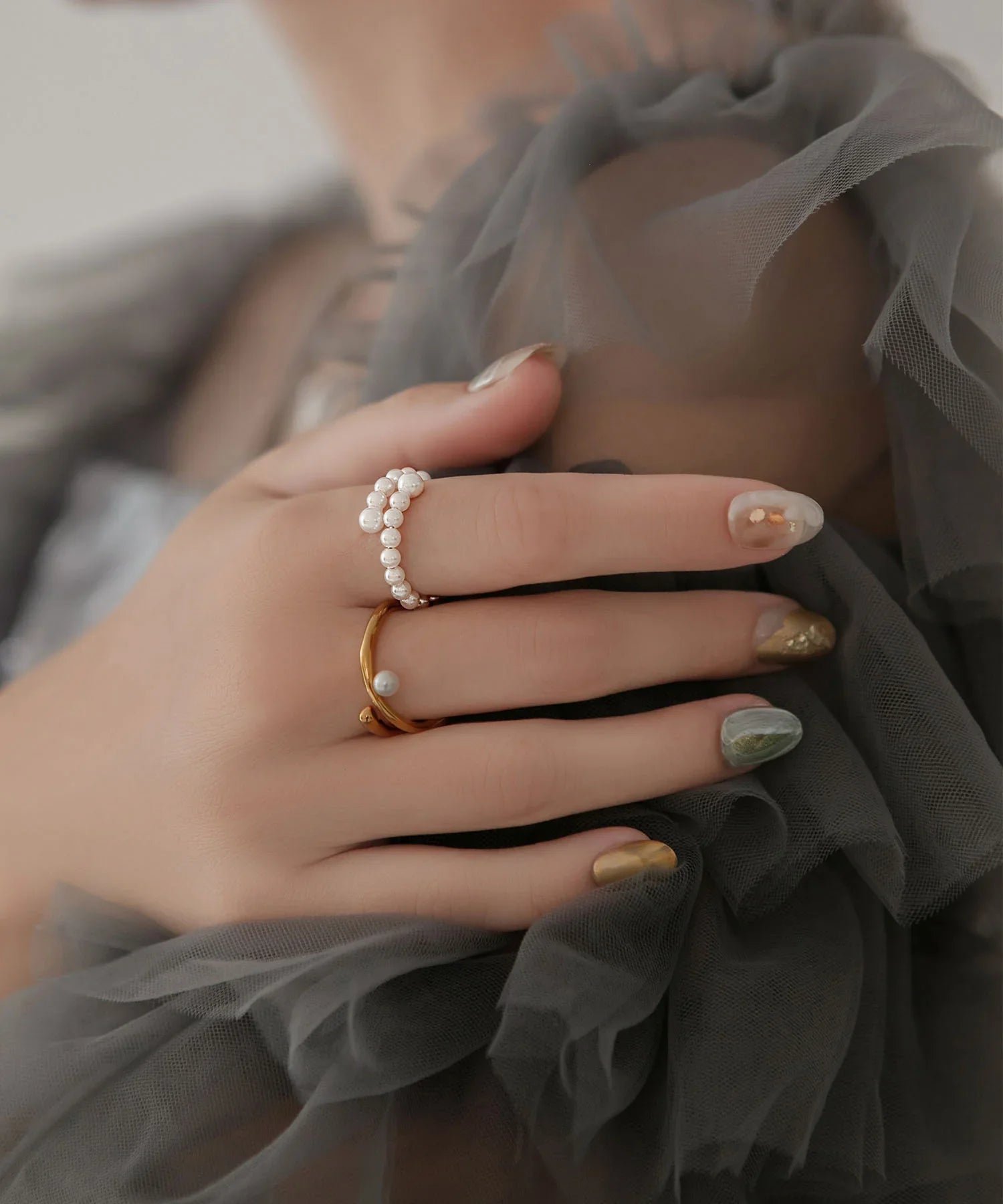 【当日発送】パールダブルラインデザインリング