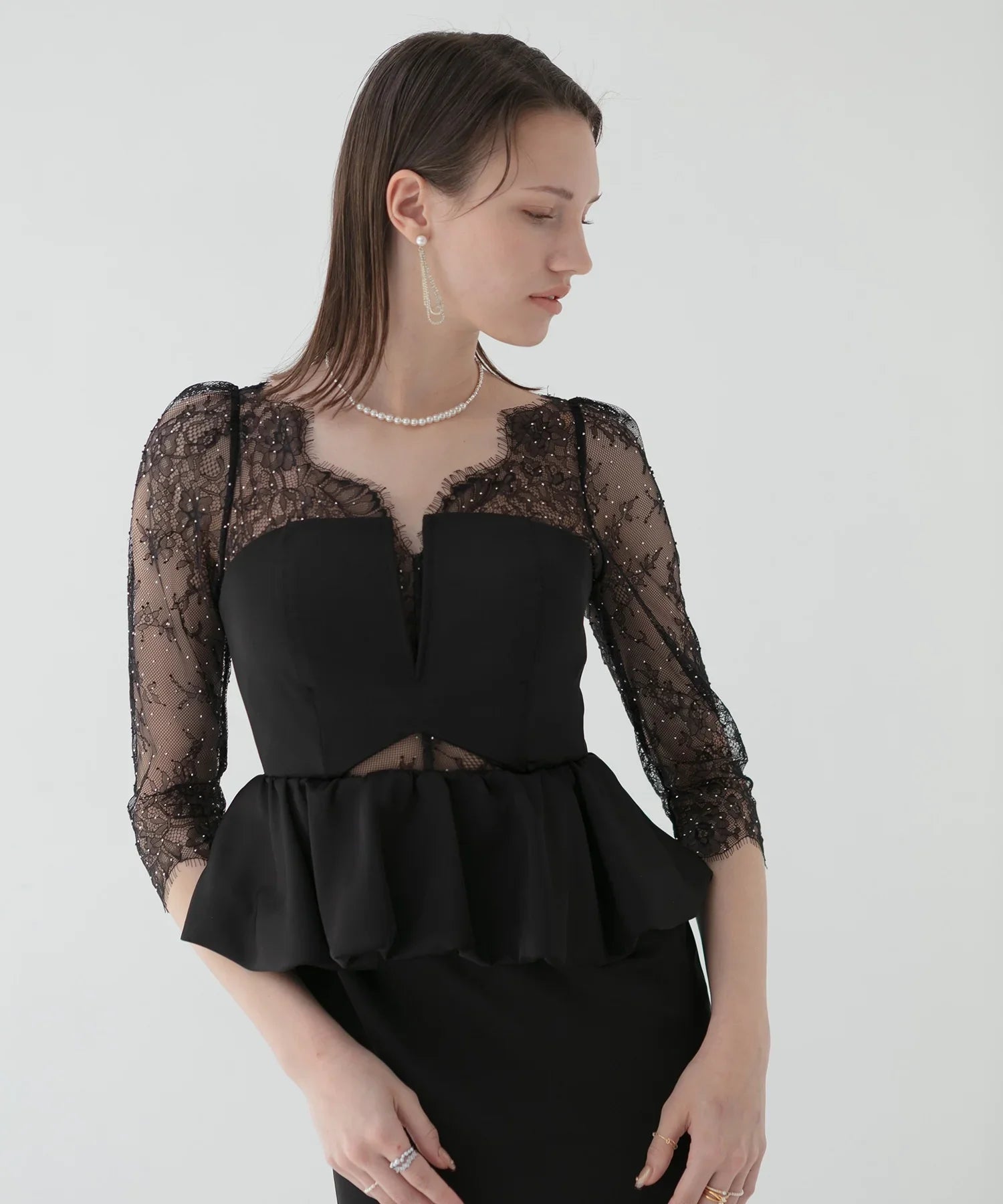 【LEJA LUXE】Lace stone peplum mermaid dress