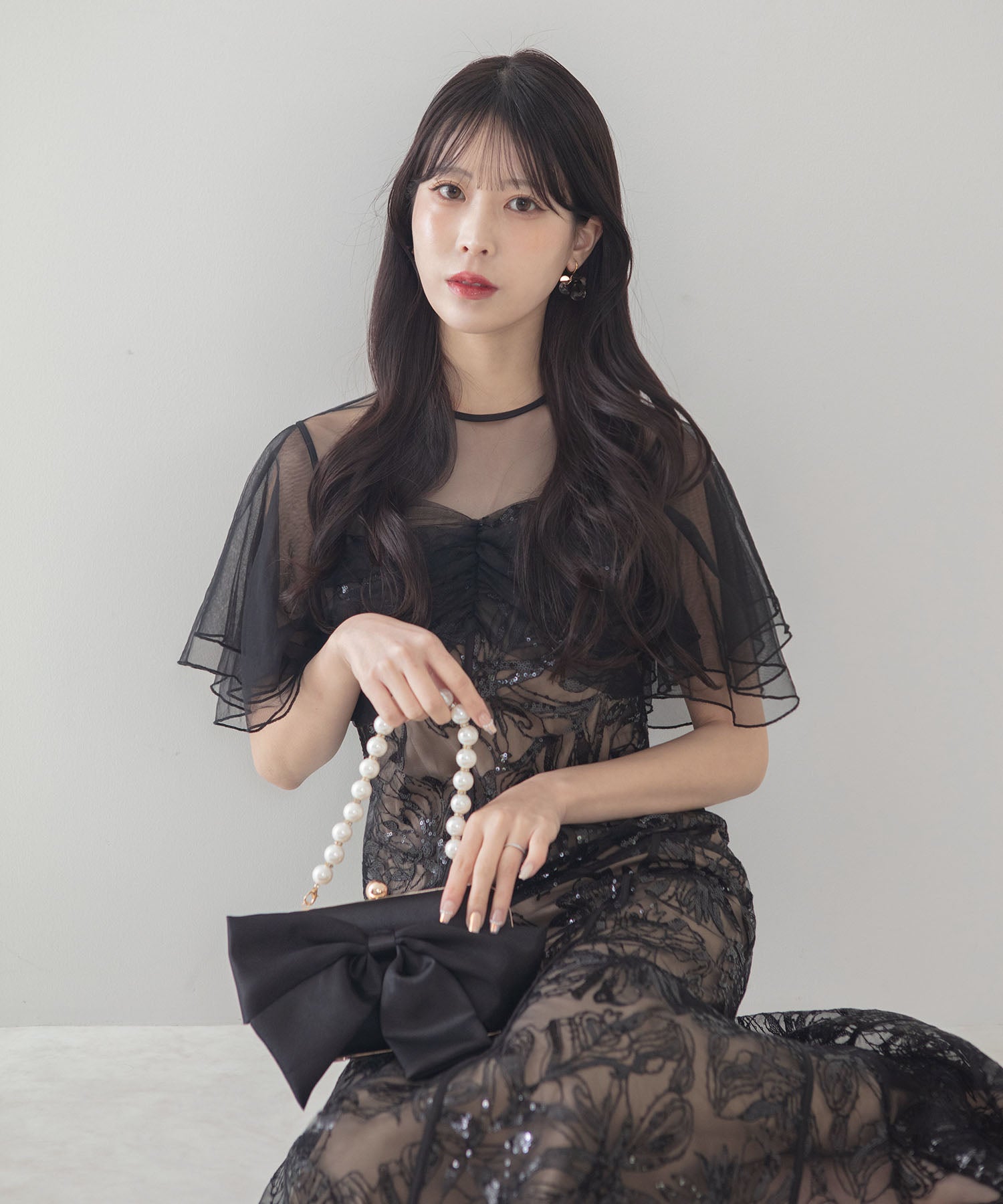 【予約販売】フラワースパンコールチュールフレアスリーブマーメイドワンピースドレス