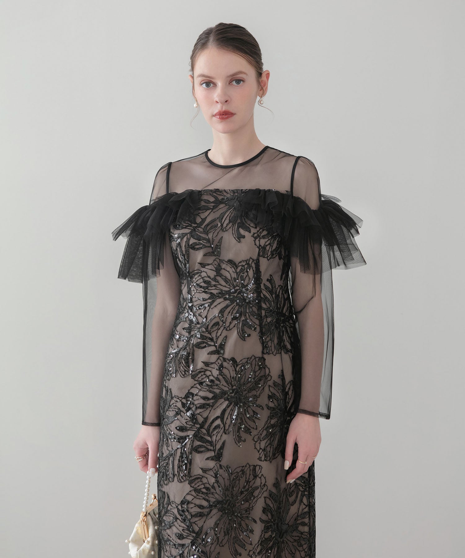 【COMING SOON】フラワースパンコールヘムチュールIラインワンピースドレス